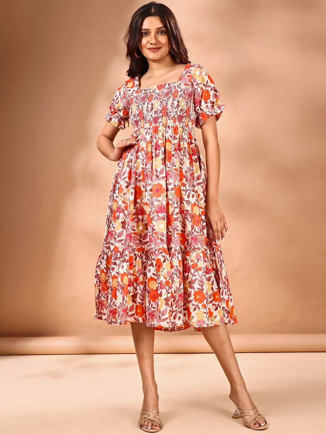 FIXOCRA Women Square Neck Floral Print Puff Sleeve Fit and Flare Dress