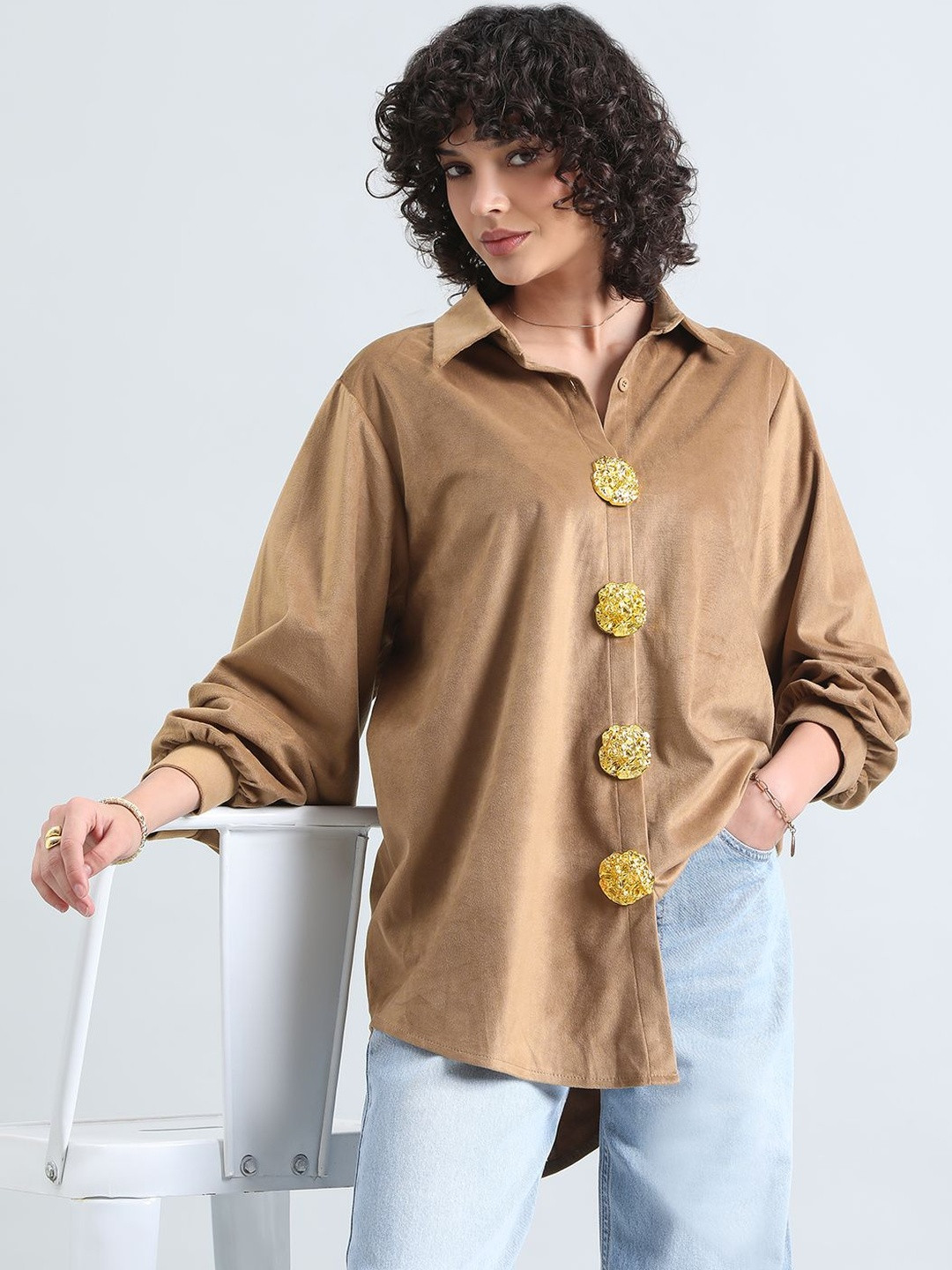 SHOWOFF Women Brown Velvet Relaxed Fit Party Shirt with Brooches