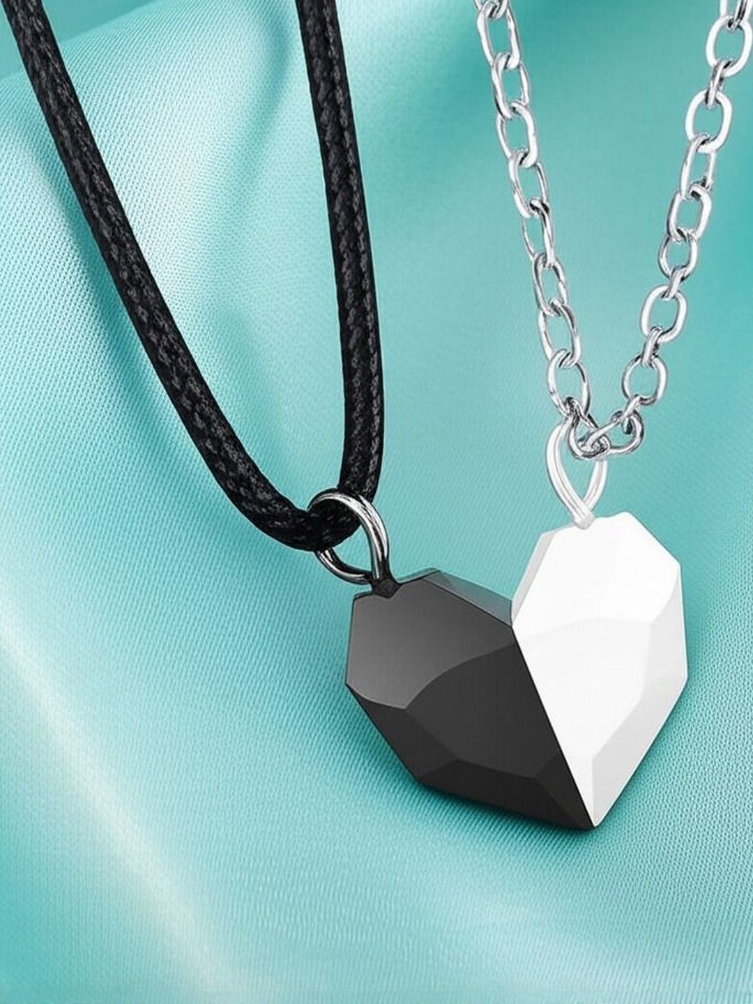 DressBerry Set Of 2 Silver-Plated Half Heart Shaped Pendant With Chain