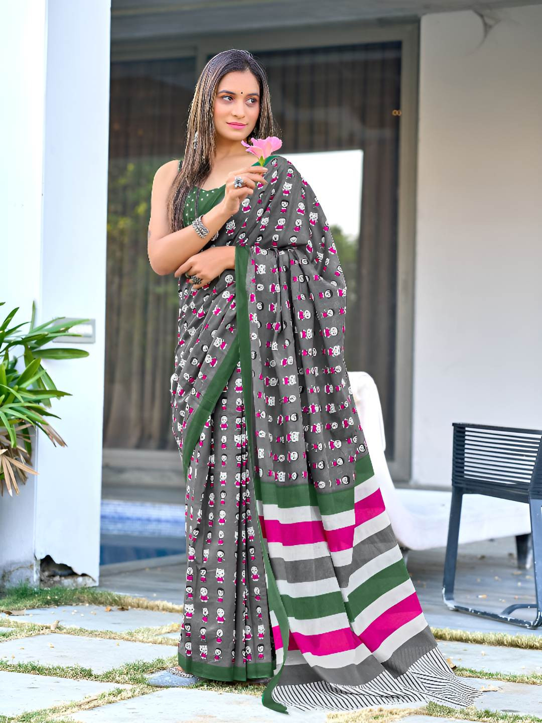 AMRUTKALA SAREES Pure Cotton Designer Block Print Saree With Blouse