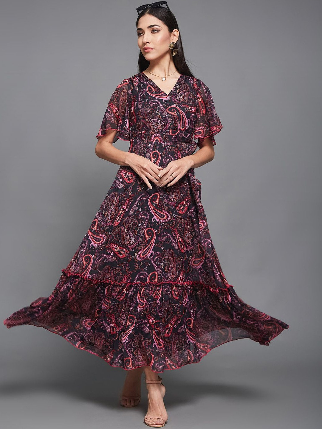 Women's Bohemian V-Neck Flutter Sleeve Chiffon Relaxed Fit Wrap Maxi Dress