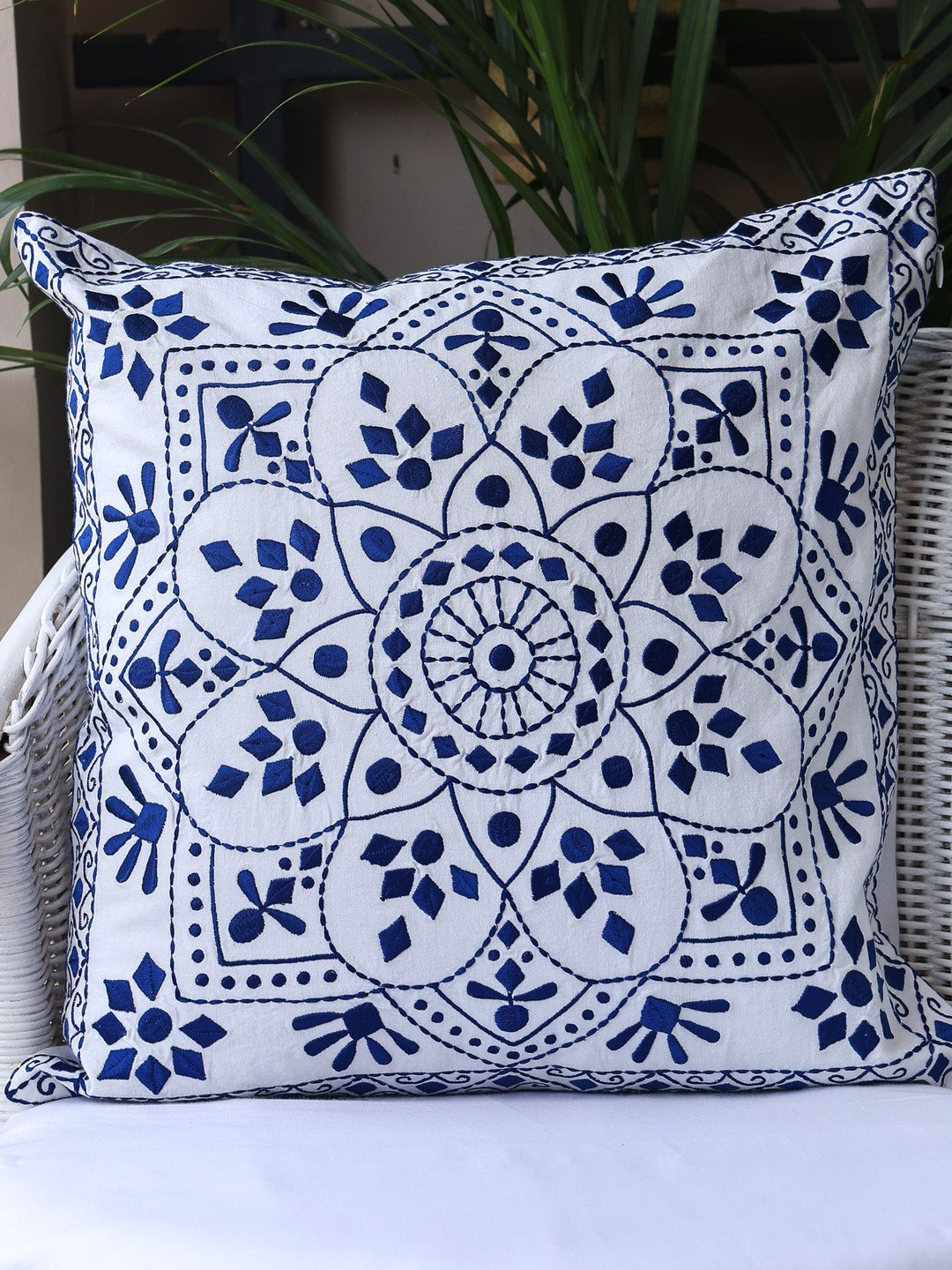 Sangria Embroidered Pack of One White & Blue Square Cushion Covers