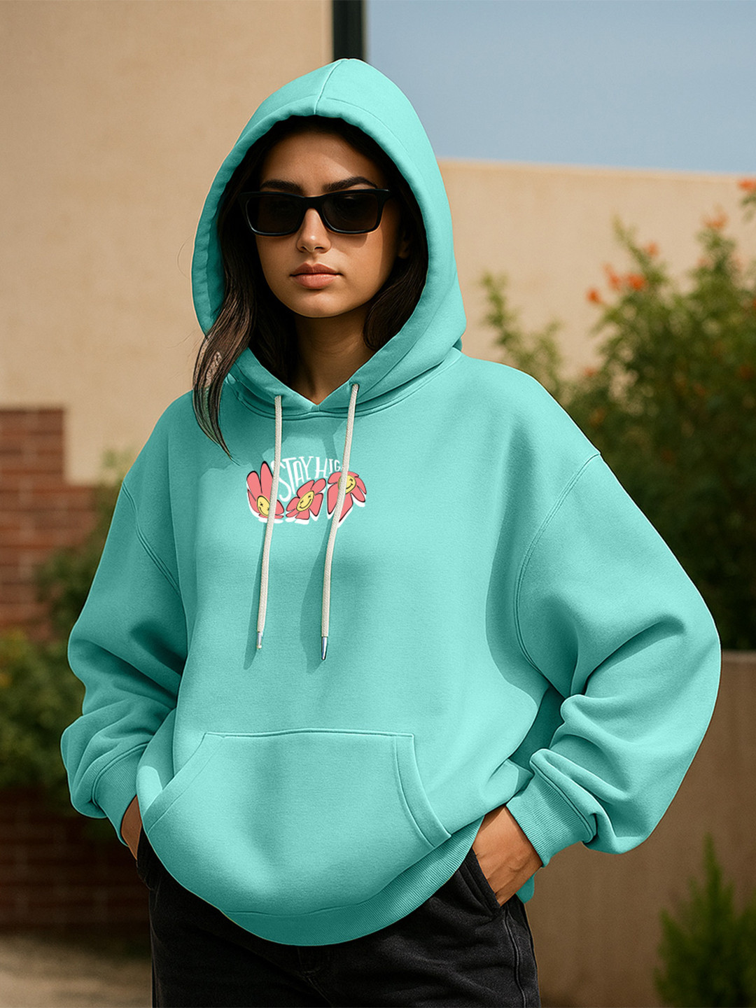 JUNEBERRY Women Green Printed Cotton Fleece Hooded Pullover Oversized Sweatshirt