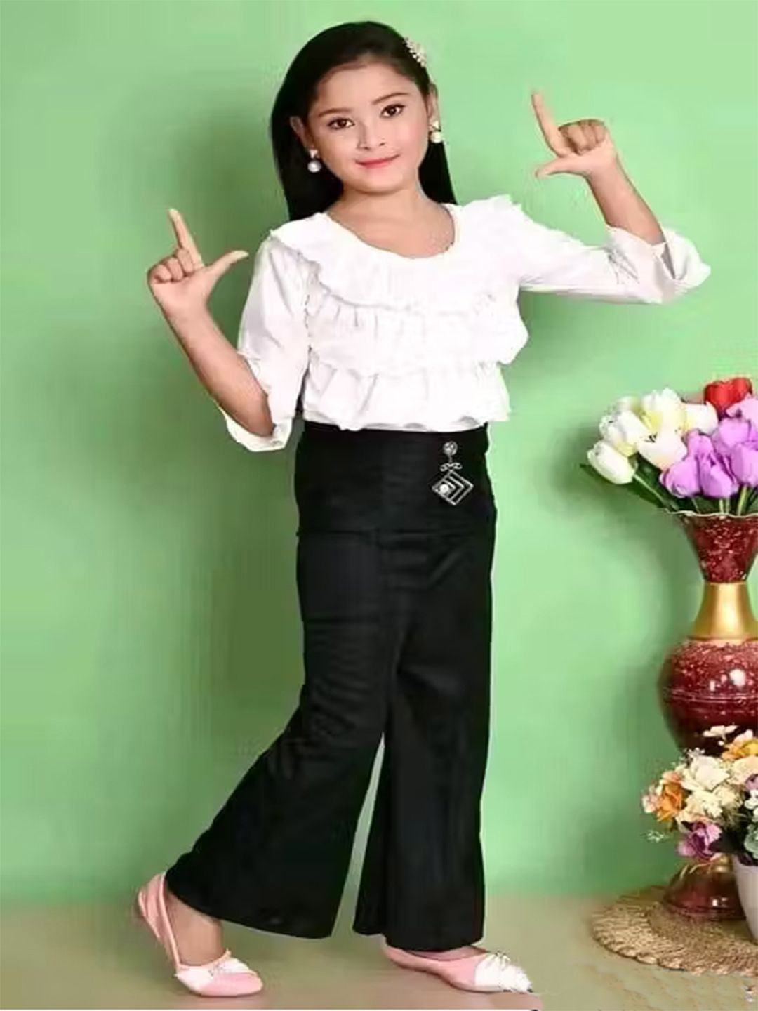 GREEN DRAGONFLY Girls Round Neck Top With Palazzos