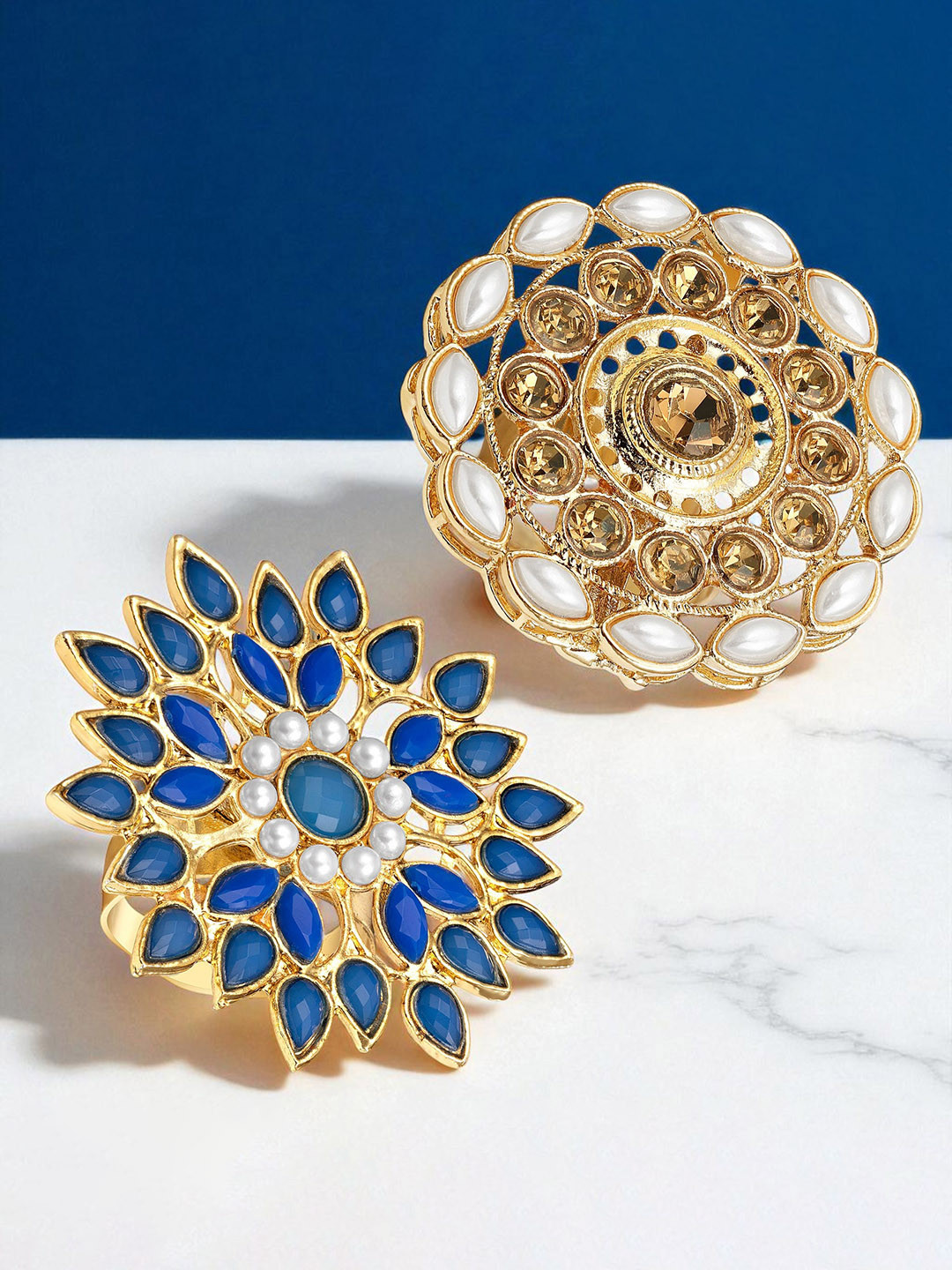 Kord Store Set Of 2 Gold Plated Studded Adjustable Finger Rings