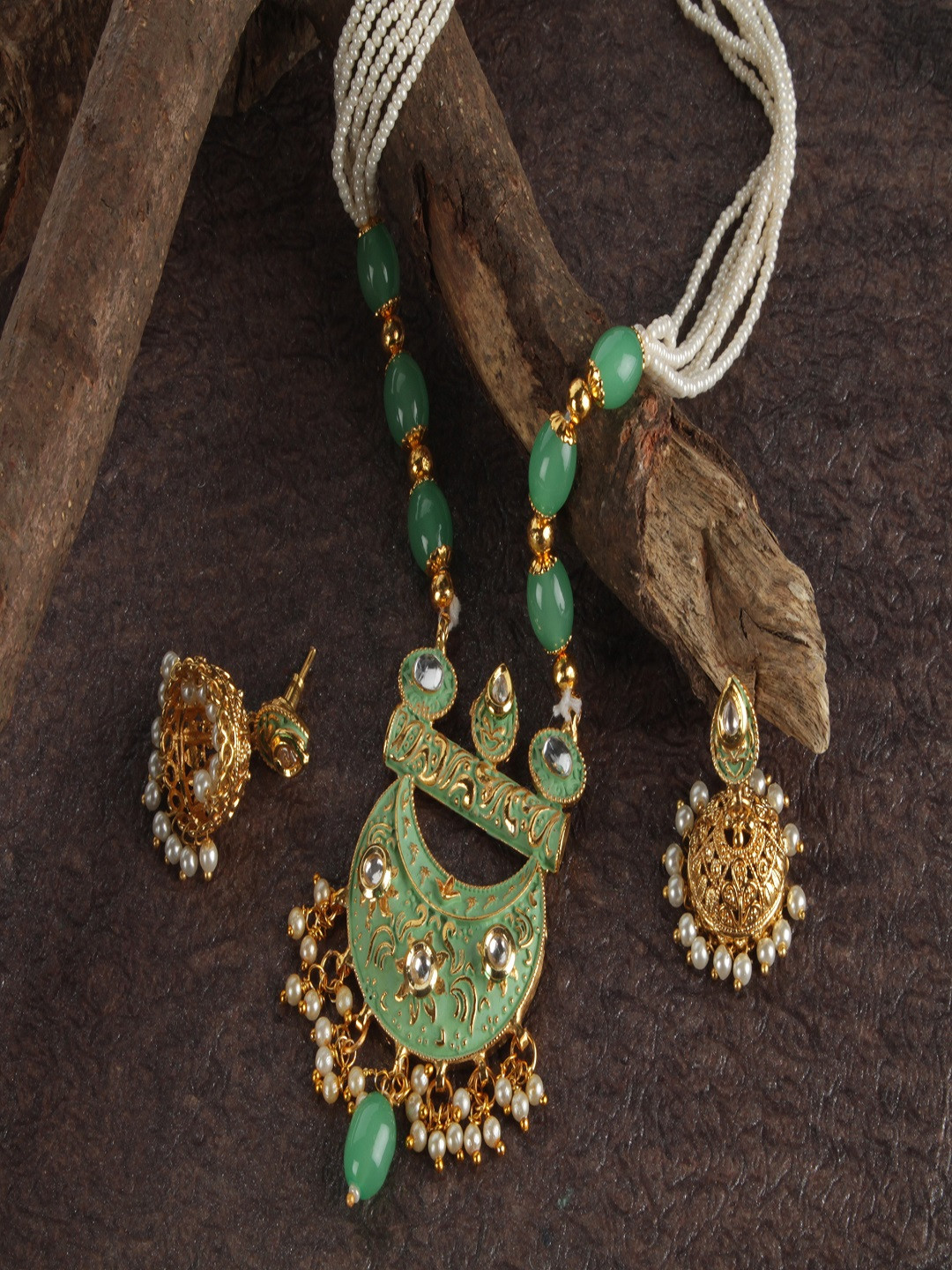 Kord Store Green Gold Plated Meenakari Chand Shape Haram Necklace & Jhumka Earrings Set
