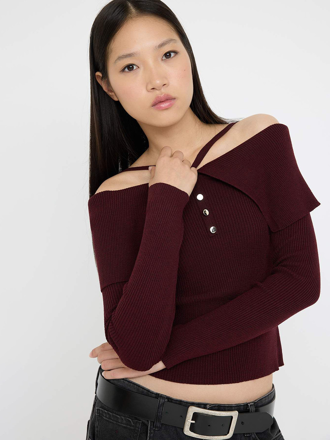 Trendyol Bordo Women Ribbed Halter Neck Long Sleeves Top