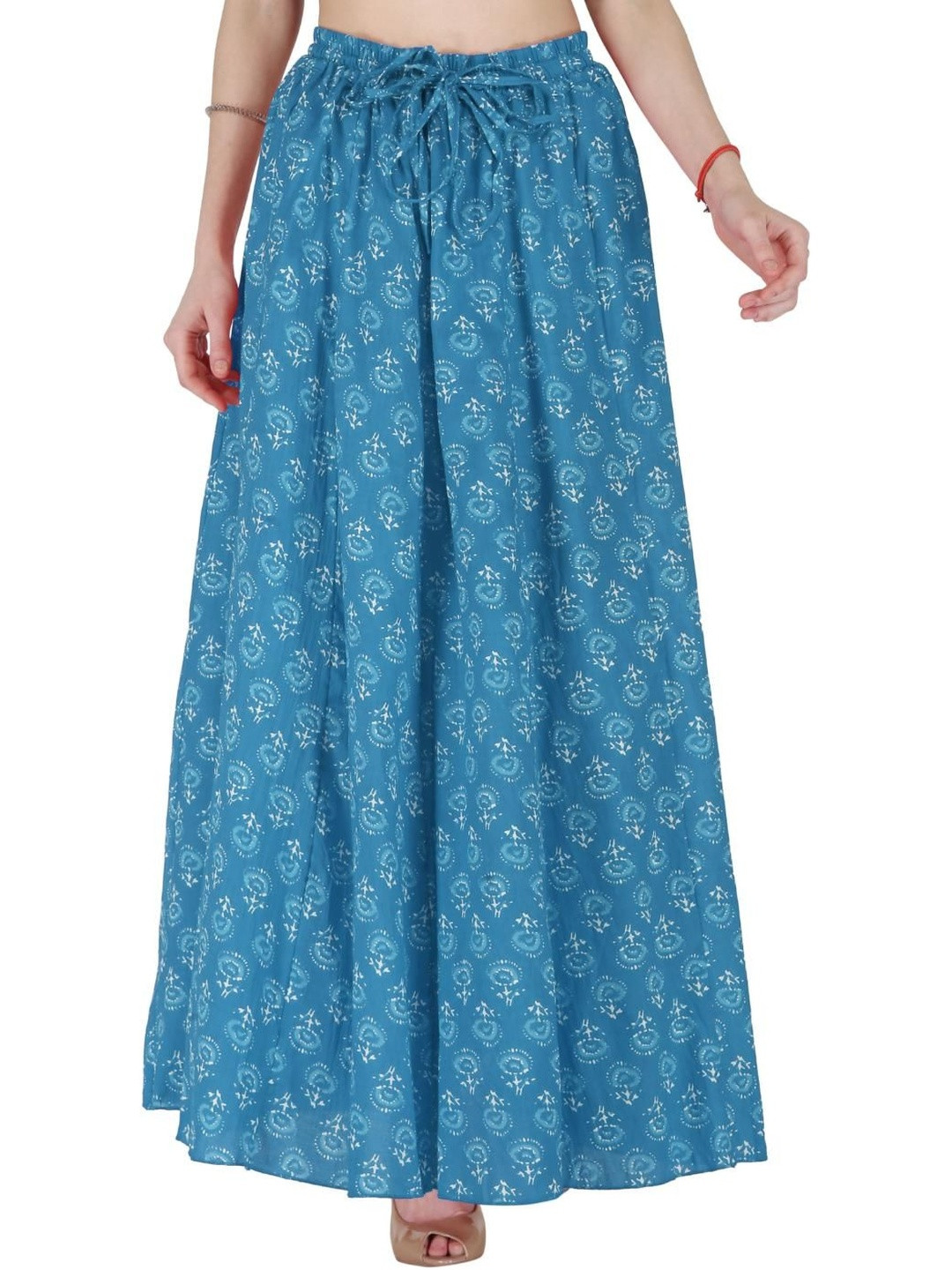 Sttoffa Women Turquoise Blue Printed Flared Maxi Skirt