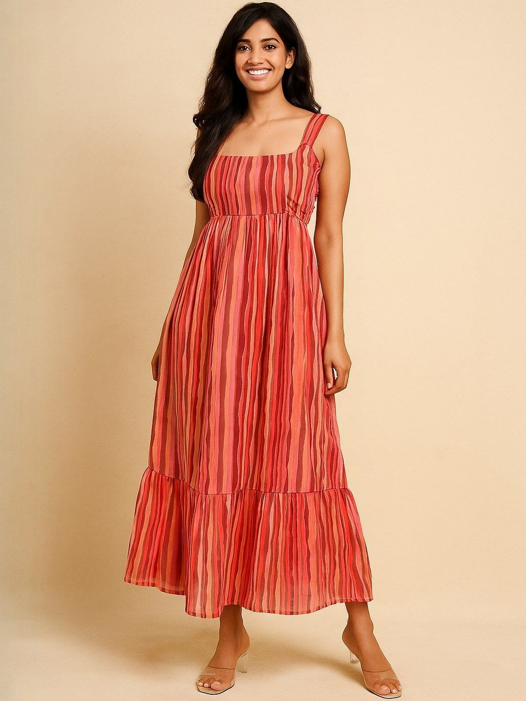 Saaki Women Striped Printed Chiffon Square Neck No Sleeves Maxi Dress