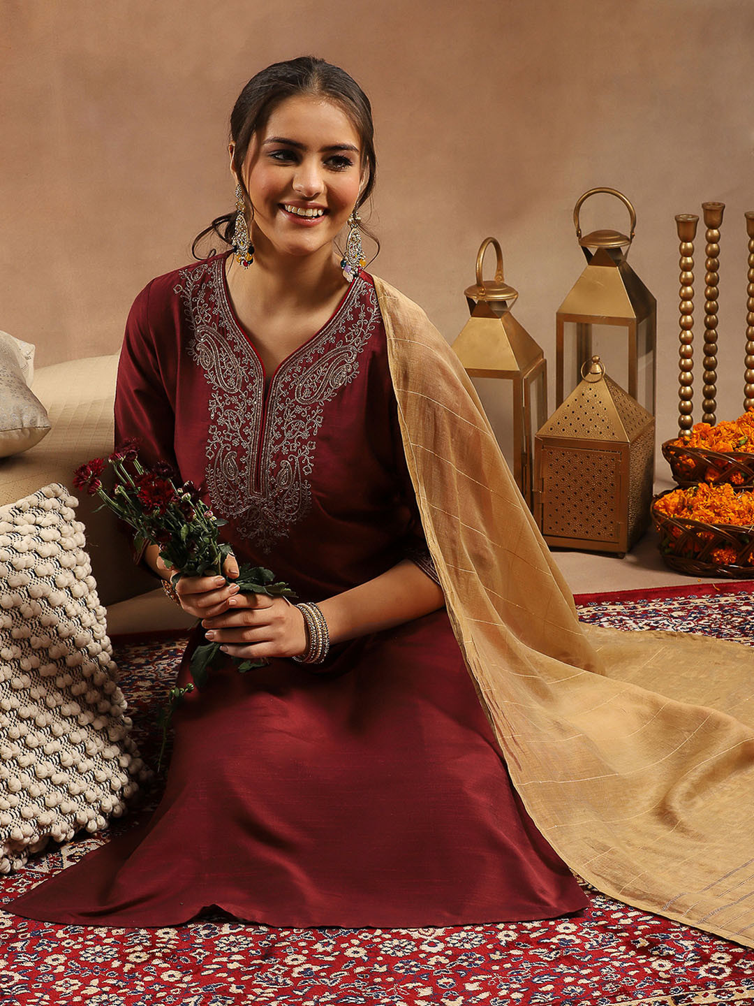 Nayam By Lakshita Embroidered Straight Kurta Palazzo Set With Dupatta