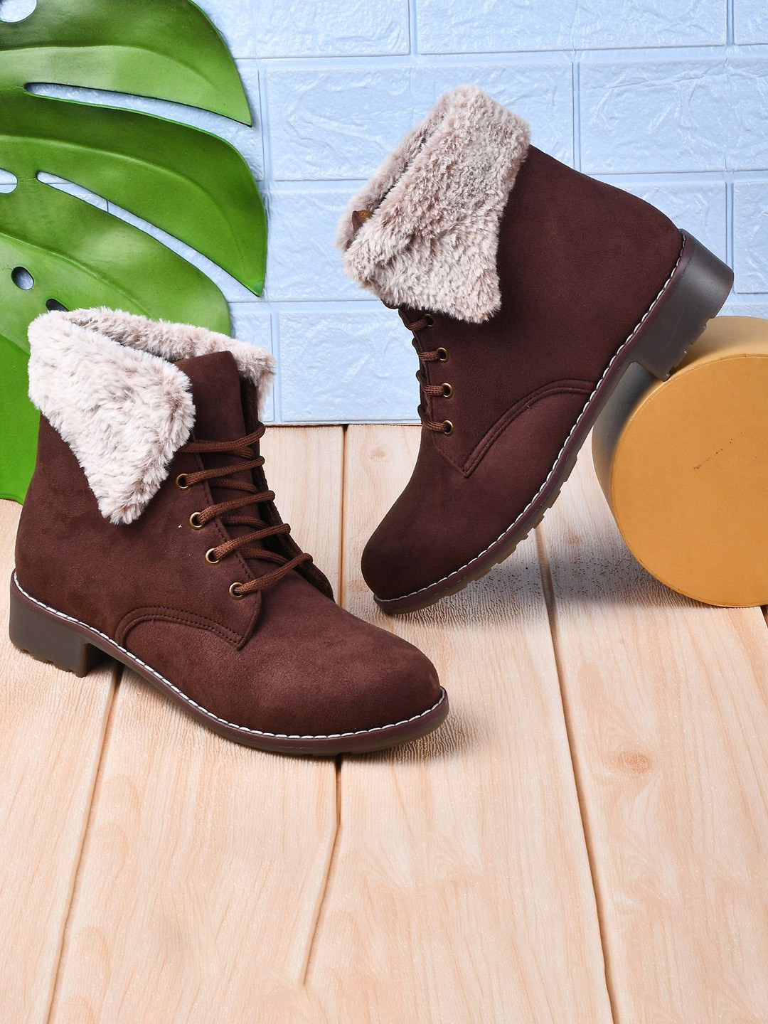 Try Me Women Round Toe Faux Fur Trim Block-Heeled Regular Boots