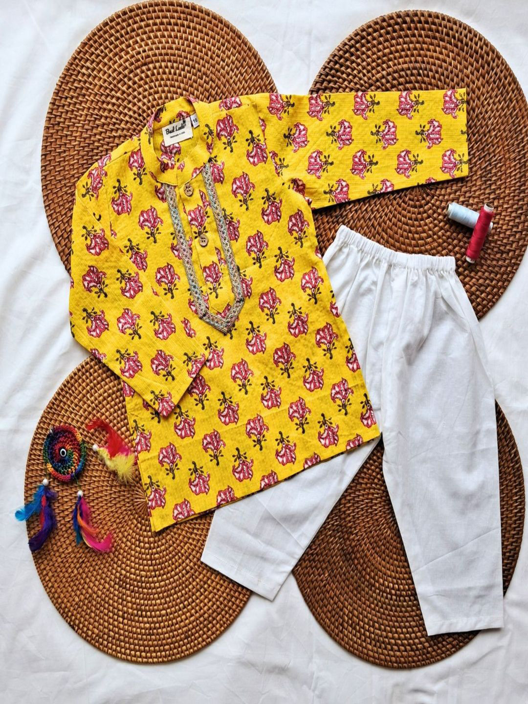 Baal Leela Boys Katha Stitched Woven Design Pure Cotton Kurta With Pyjamas