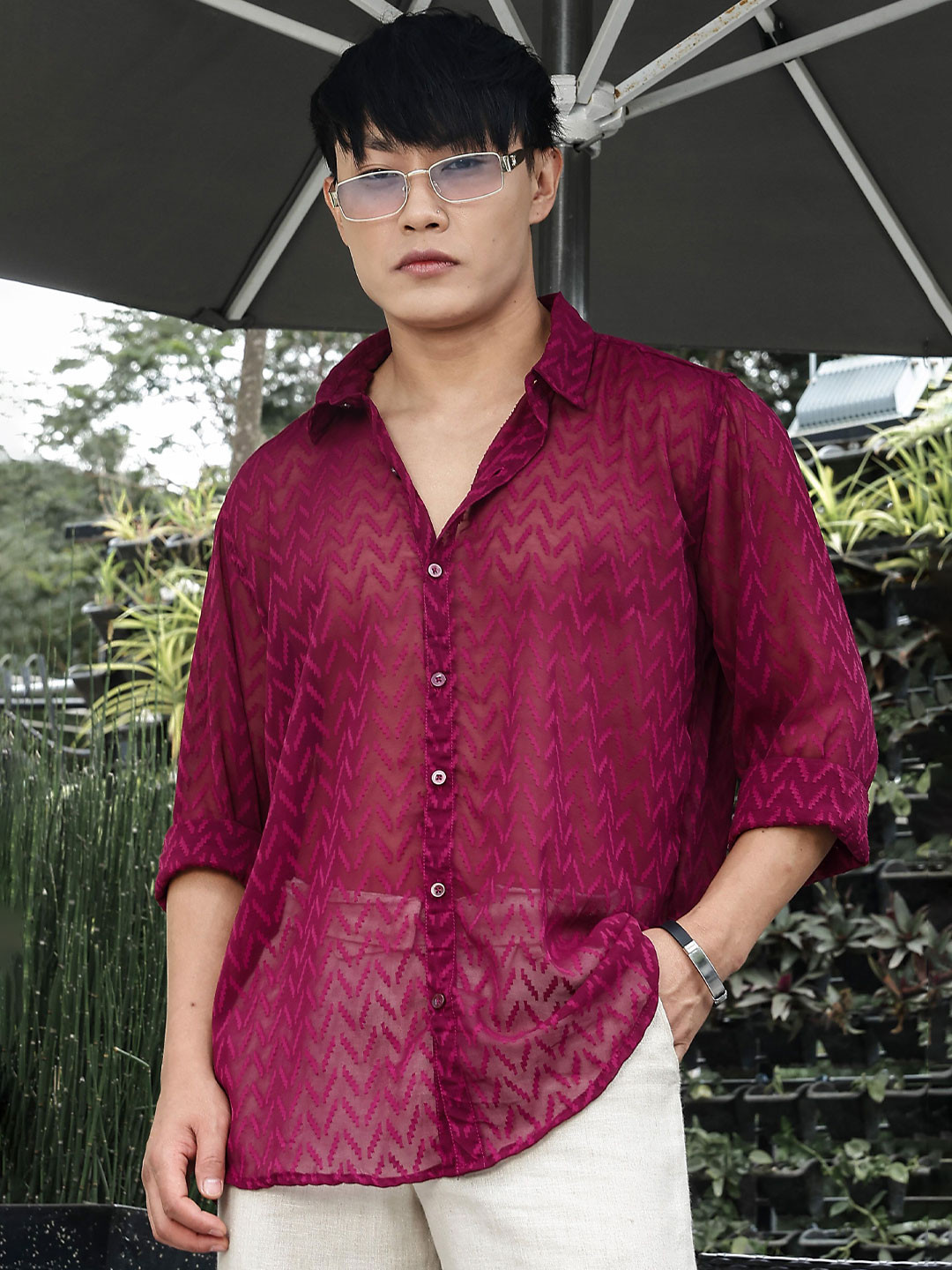 House of Koala Unisex Original Relaxed Fit Chevron Self Design Spread Collar Casual Shirt