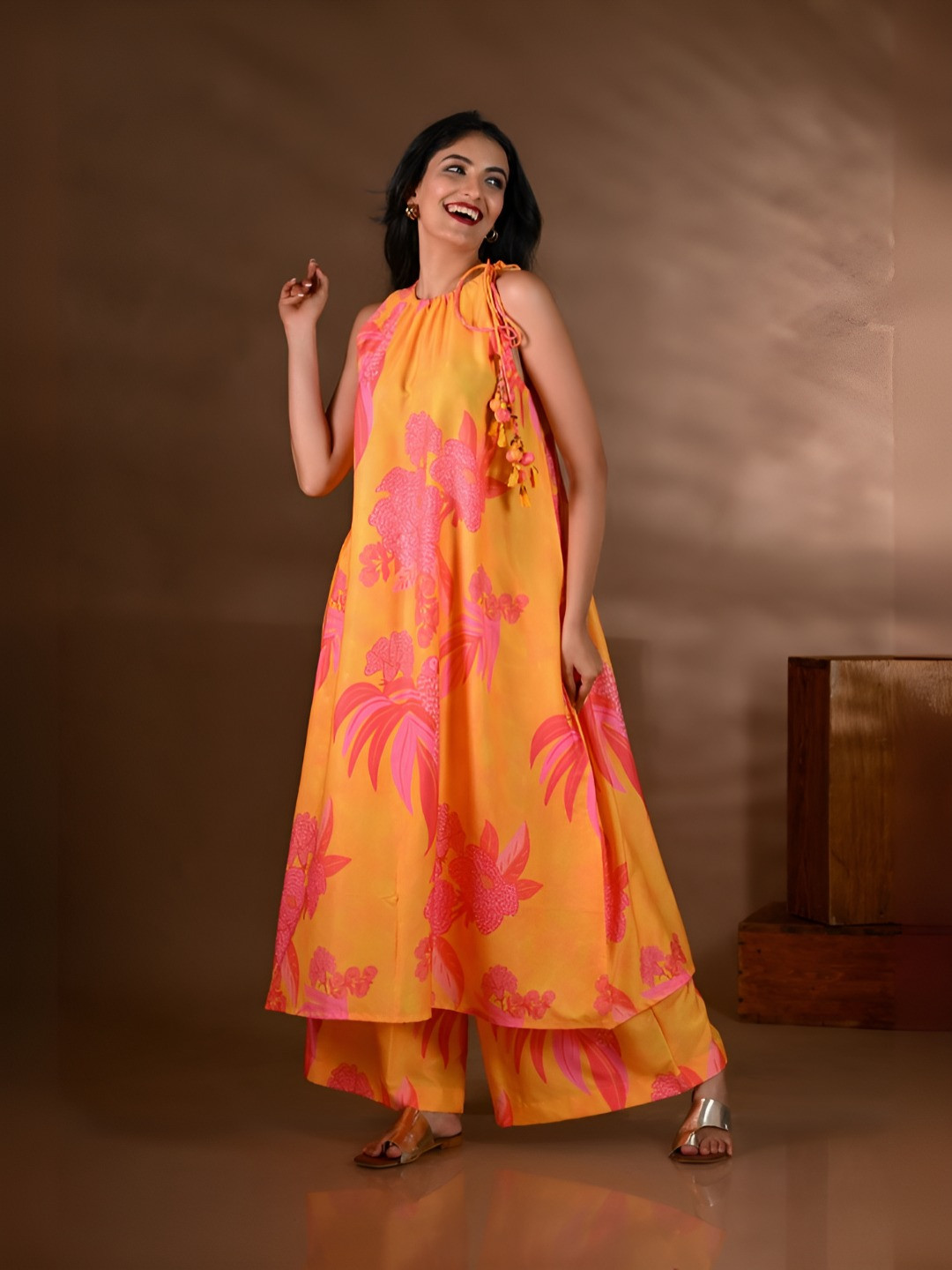 SHOP GULMOHAR Floral Printed Halter-Neck A-Line Kurta with Palazzos