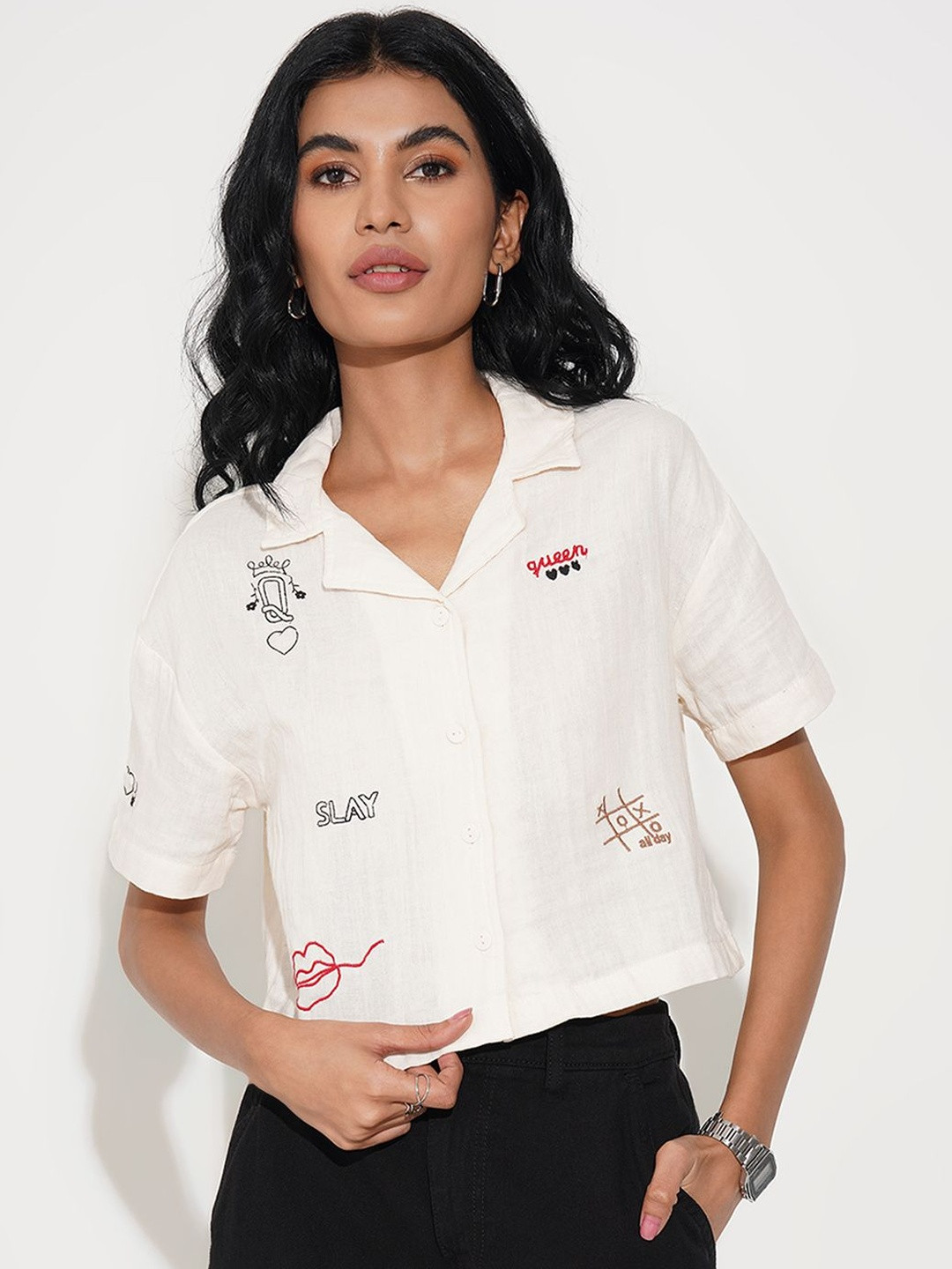 People Embroidered Cotton Shirt Style Crop Top