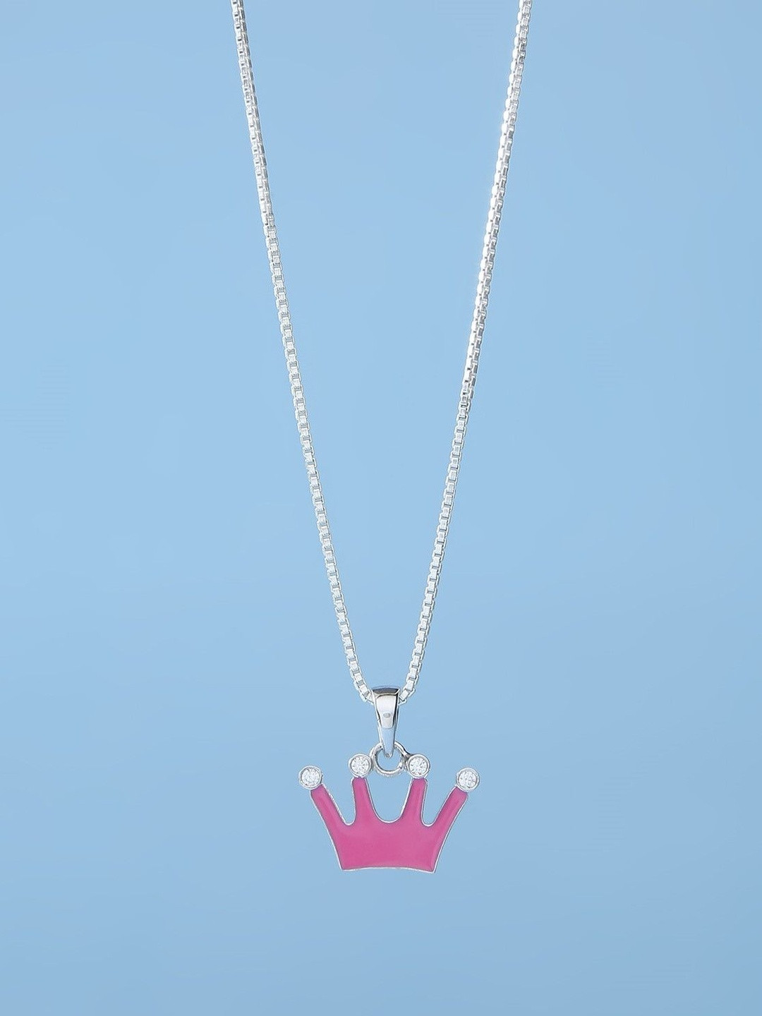 ShimmerTots Girls 925 Sterling Silver Rhodium-Plated Stones Pink Crown Pendant With Chain