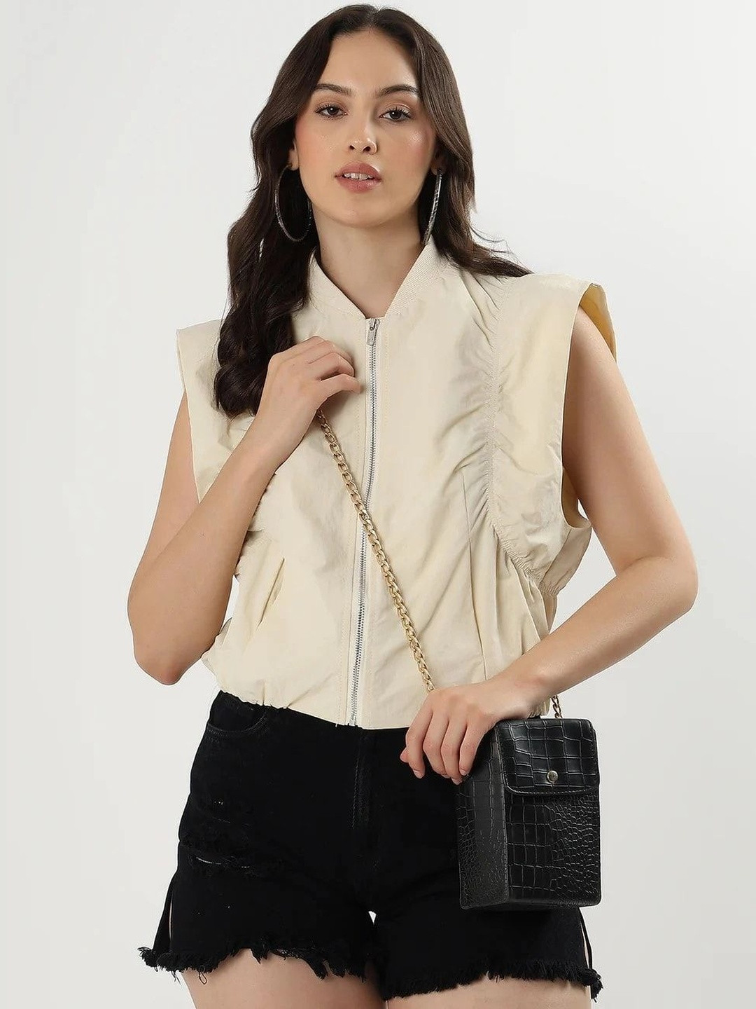 Beyond Pink Women Solid Gathered or Pleated Sleeveless Crop Top