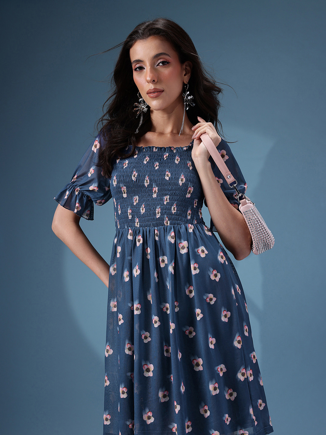 bebe Floral Print Smocked Effect Puff Sleeves Net A-Line Dress