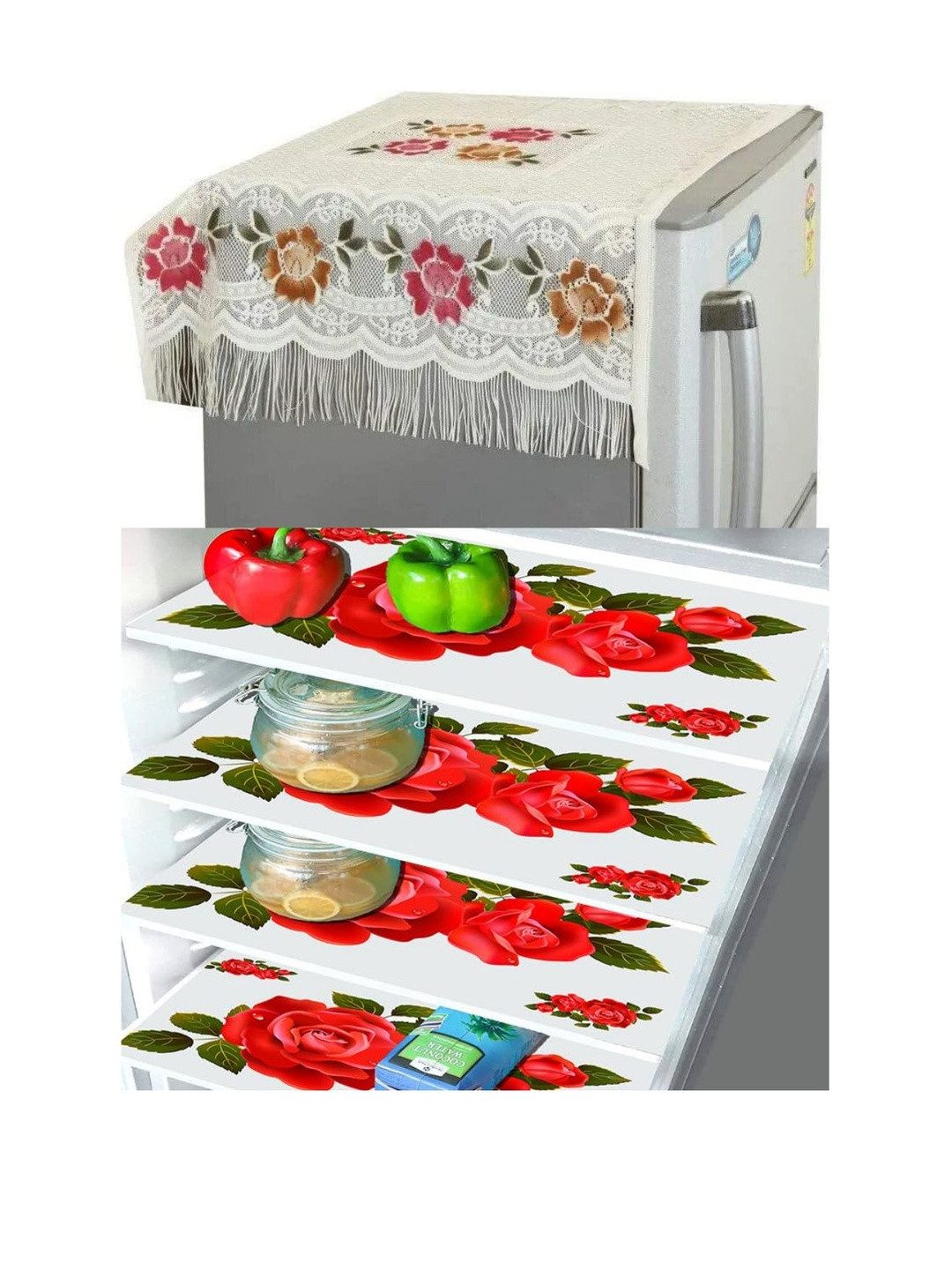 CROSMO Set Of 5 White & Red Fridge Top Cover 4 Waterproof Fridge Mats
