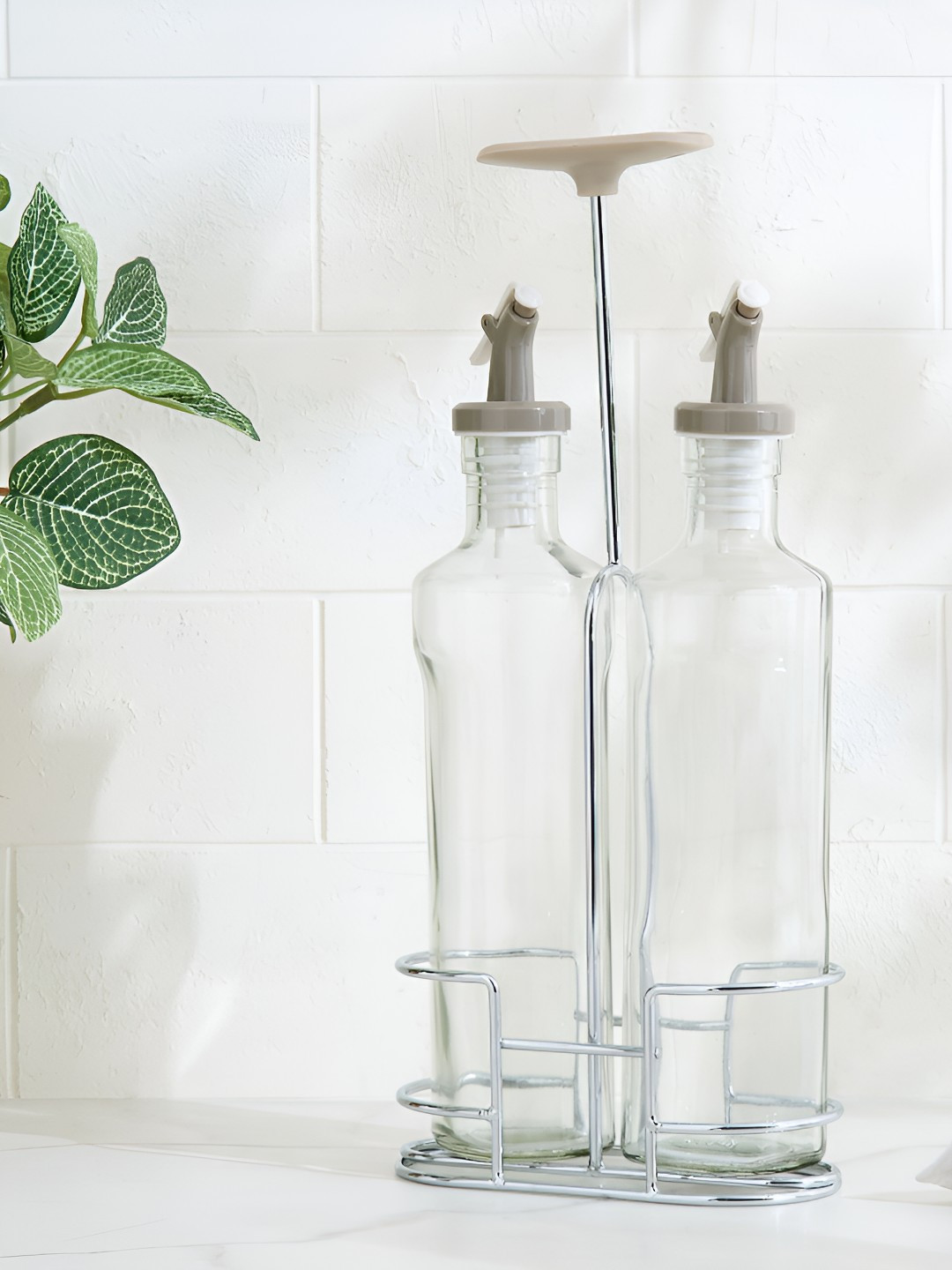 Home Centre Transparent 3 Pieces Glass Easy to Clean Oil Dispensers & Stand 350ml Each