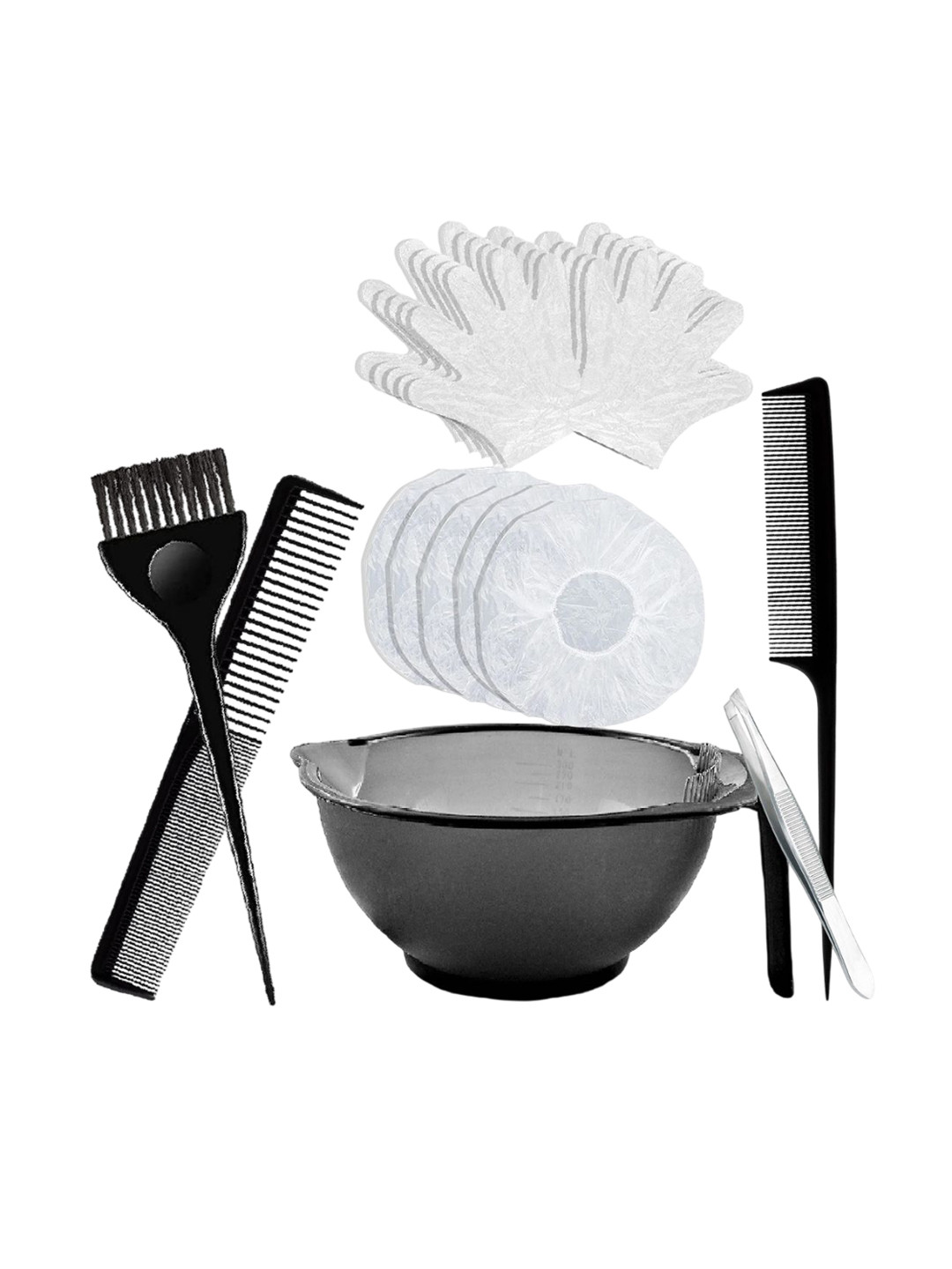 Adbeni Set Of 15 Hair Color Mixing Bowl, Brush, Comb, Tweezer, Gloves & Shower Caps