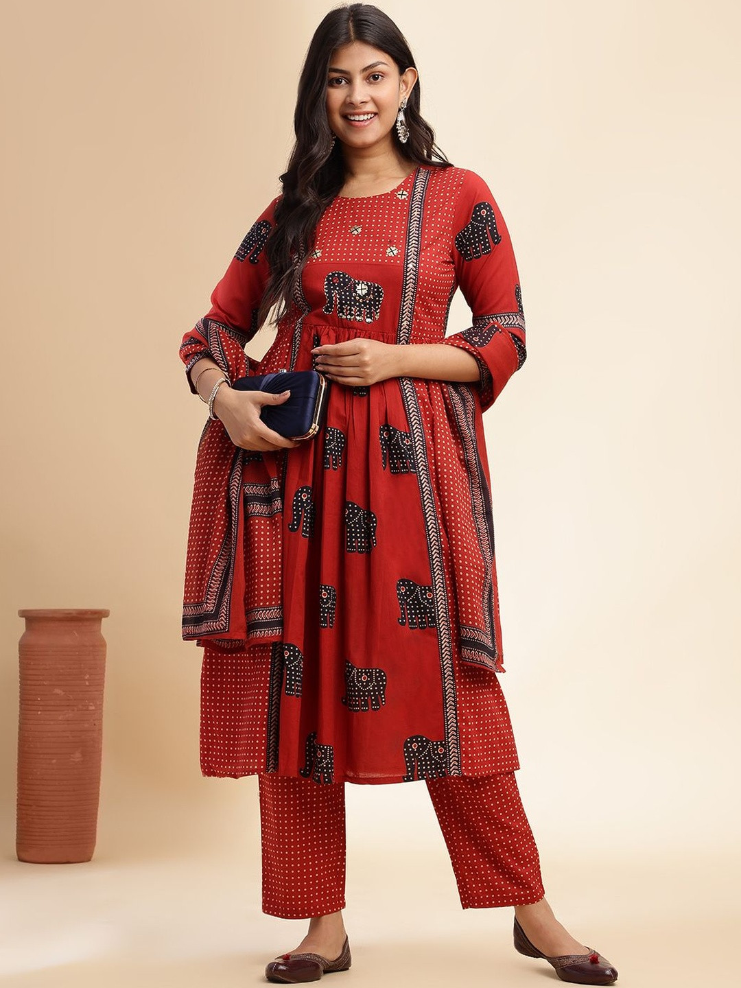 SZN Women Ethnic Motifs Printed Empire Pure Cotton Kurta with Trousers & With Dupatta