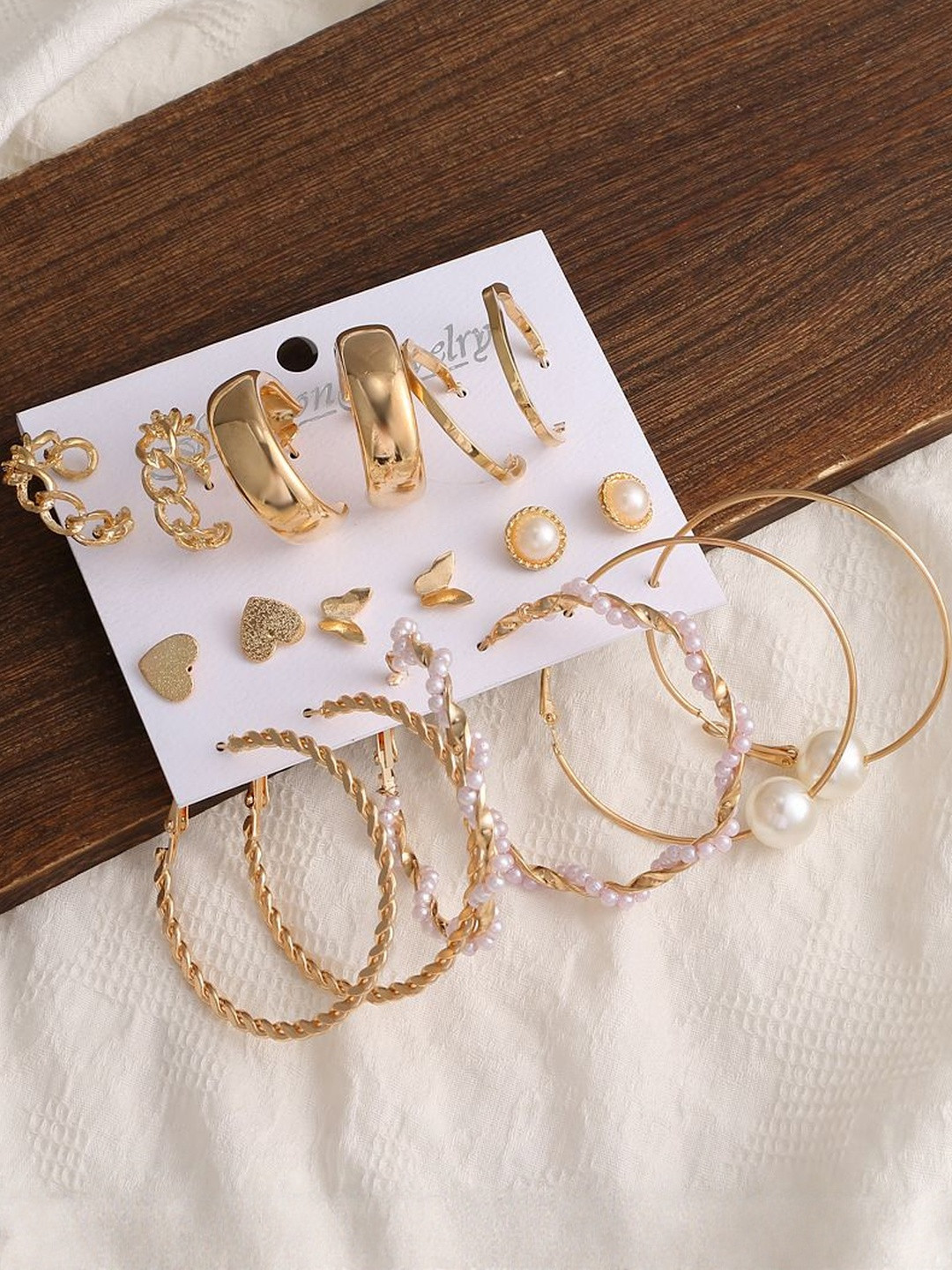 TheVineGirl Women Gold 9 Pair Pearl & Heart Butterfly Earrings