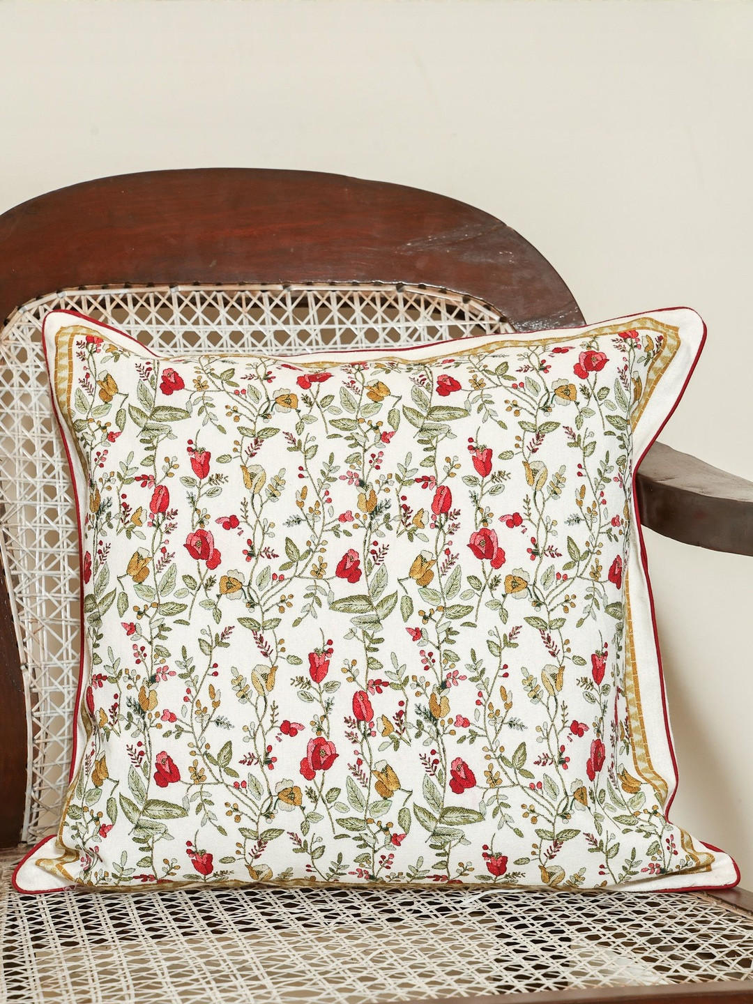 Crown of Poppies White & Red Floral Square Cushion Cover