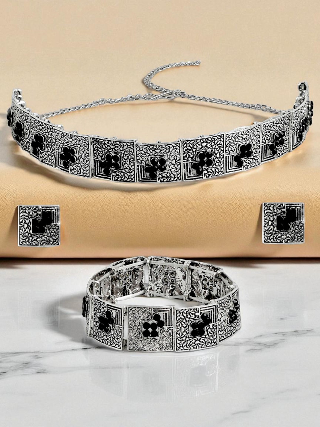 Kord Store Silver & Black Oxidised Black Stone Collar Necklace Set And Bracelate Combo