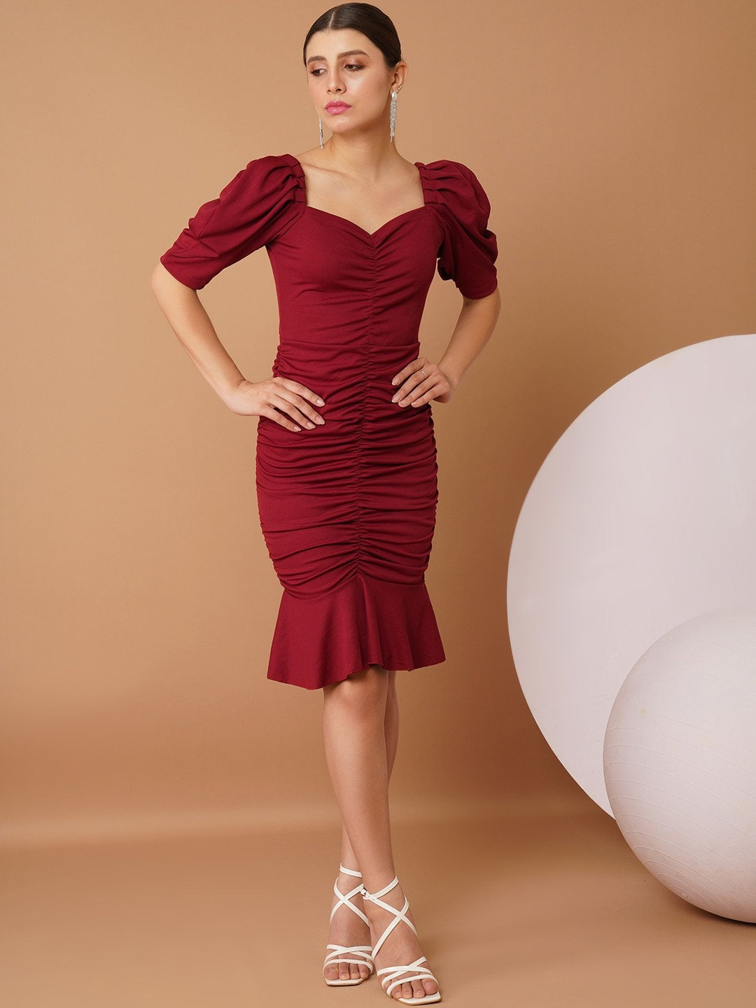 Chemistry Women Pleated Puff Sleeve Bodycon Dress
