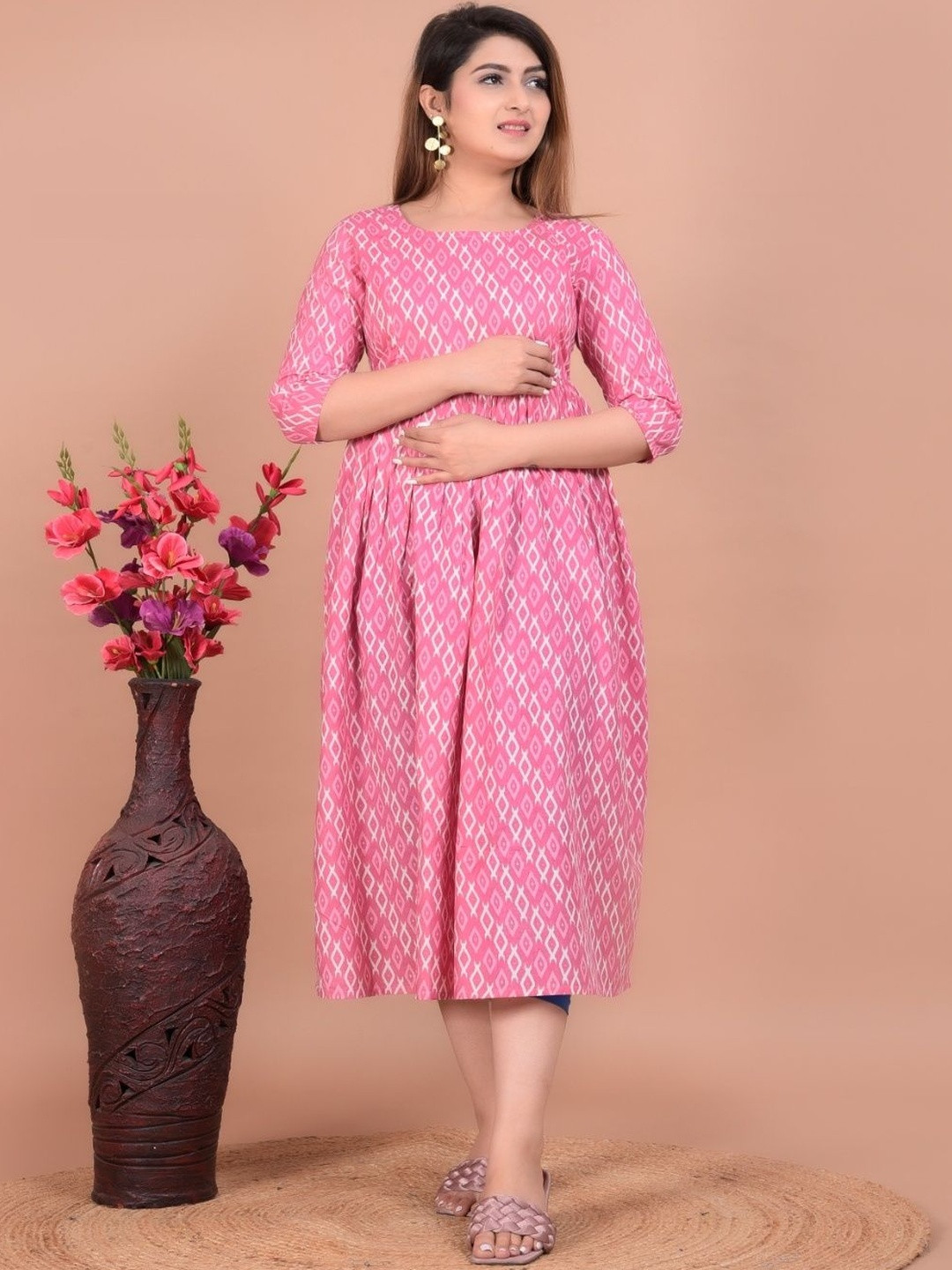TEESHA Women Maternity Printed Round Neck Fit and Flare Midi Dress