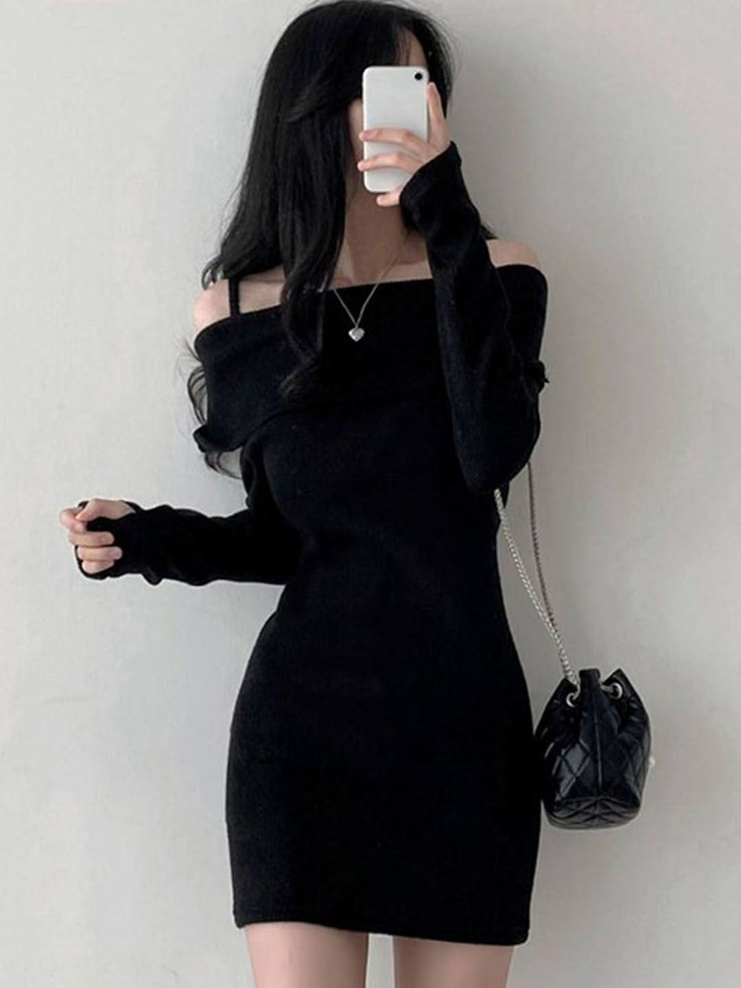 StyleCast Women Solid Full Sleeve Off-Shoulder Bodycon Mini Dress