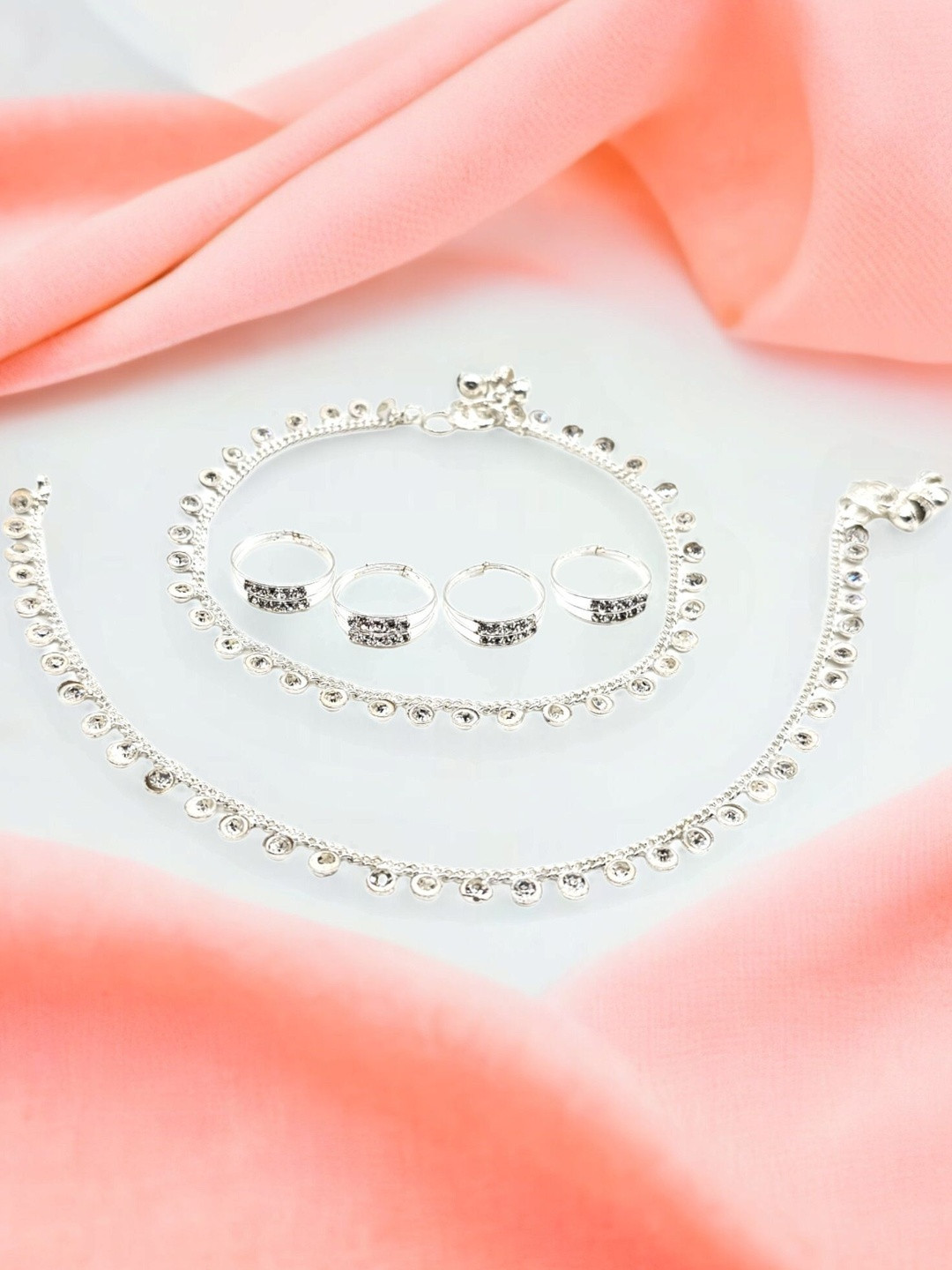 BR Ornaments Women Pair Of Silver-Plated Artificial Stones Anklets With Four Toe Rings