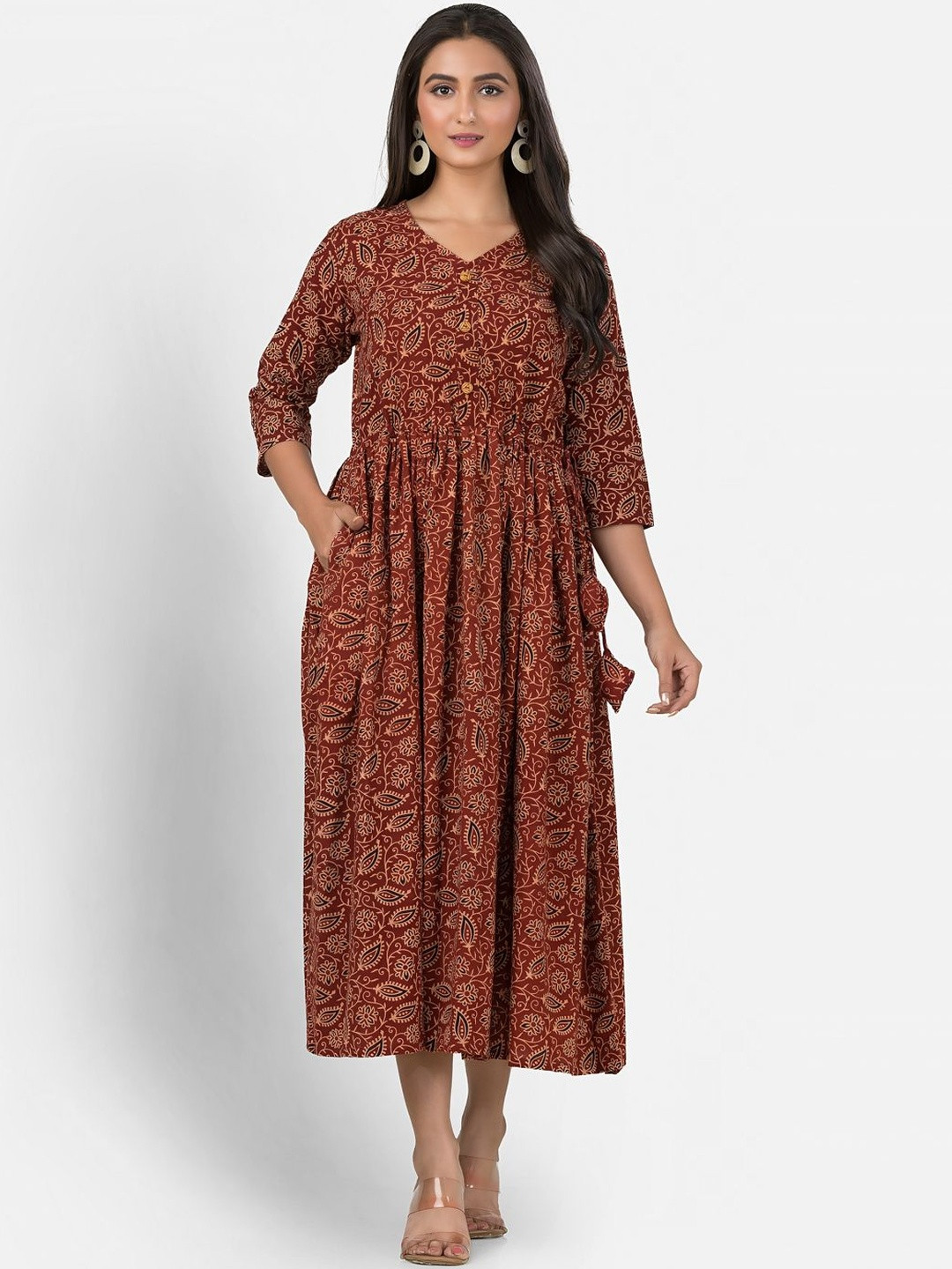 Crazy Needle Paisley Printed Gathered or Pleated A-Line Midi Dress