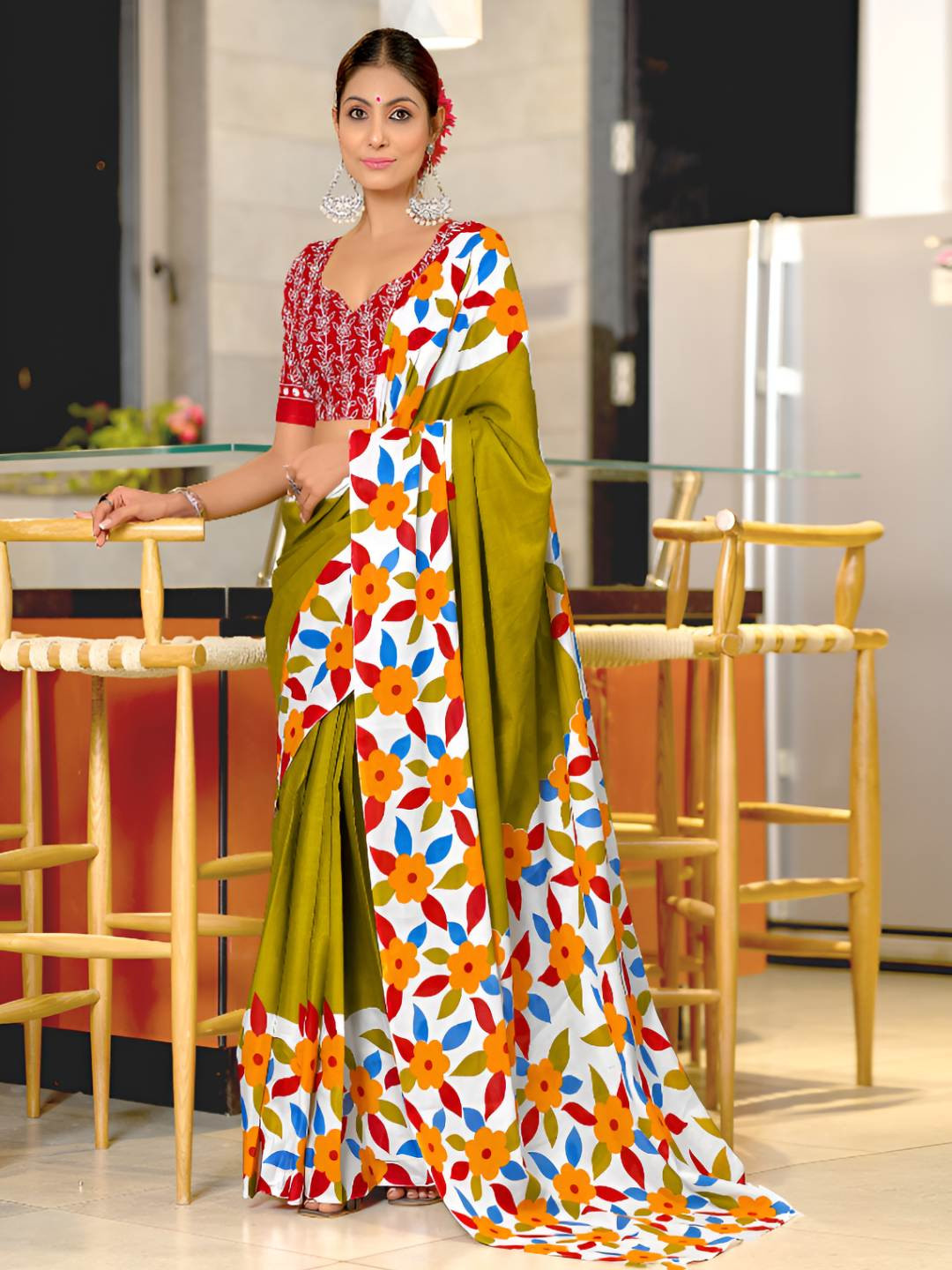 AMRUTKALA SAREES Floral Embroidered Pure Cotton Block Print Saree With Blouse