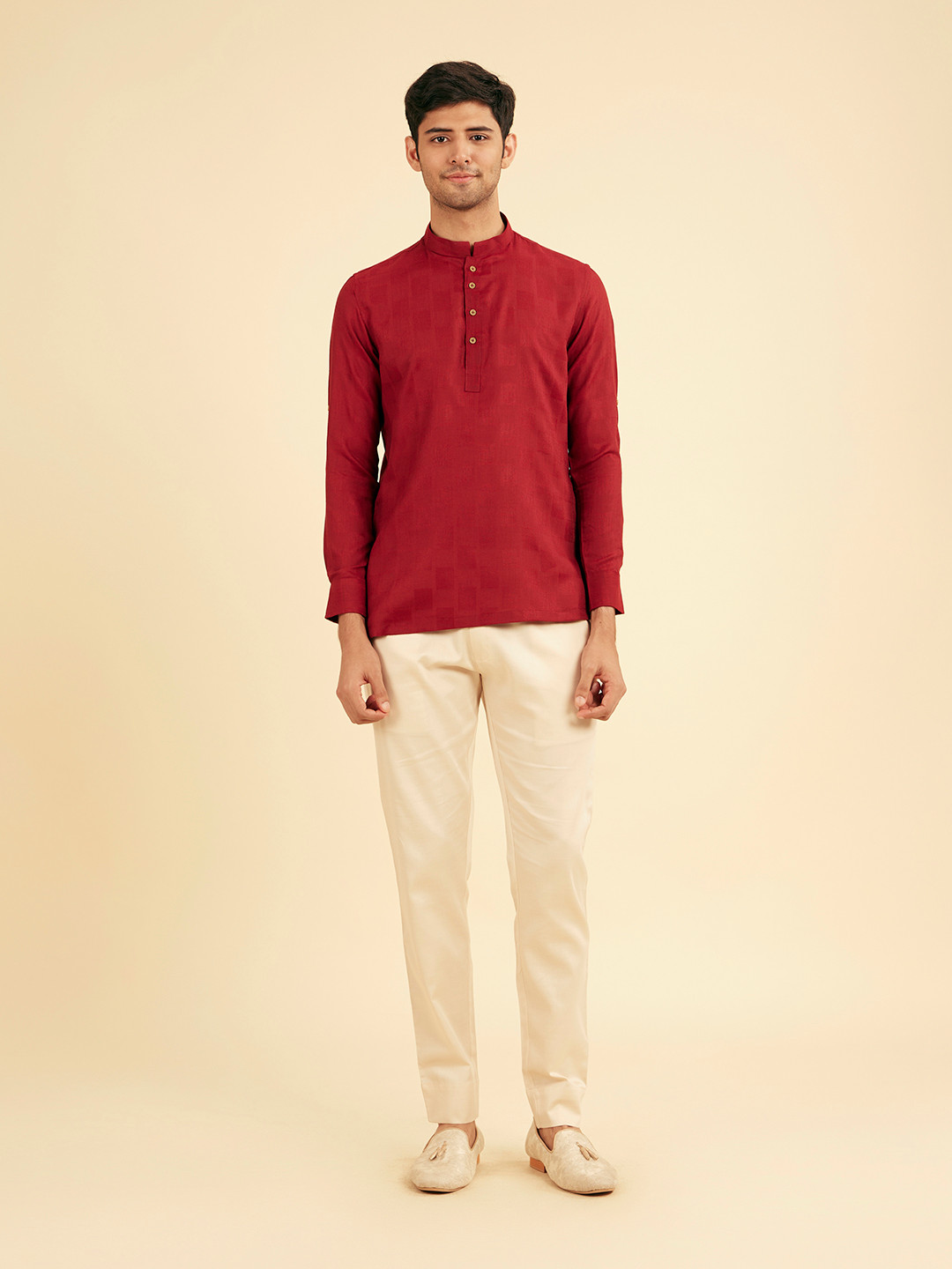 Manyavar Men Maroon Woven Design Short Kurta