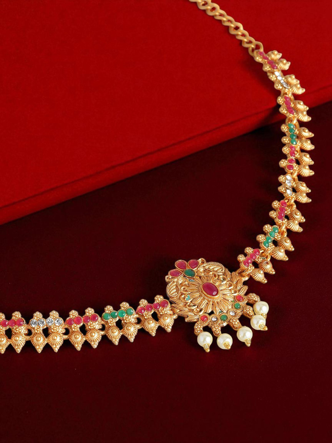 Kord Store Women Gold-Plated & Green Artificial Ruby-Studded Pearl Kamarbandh