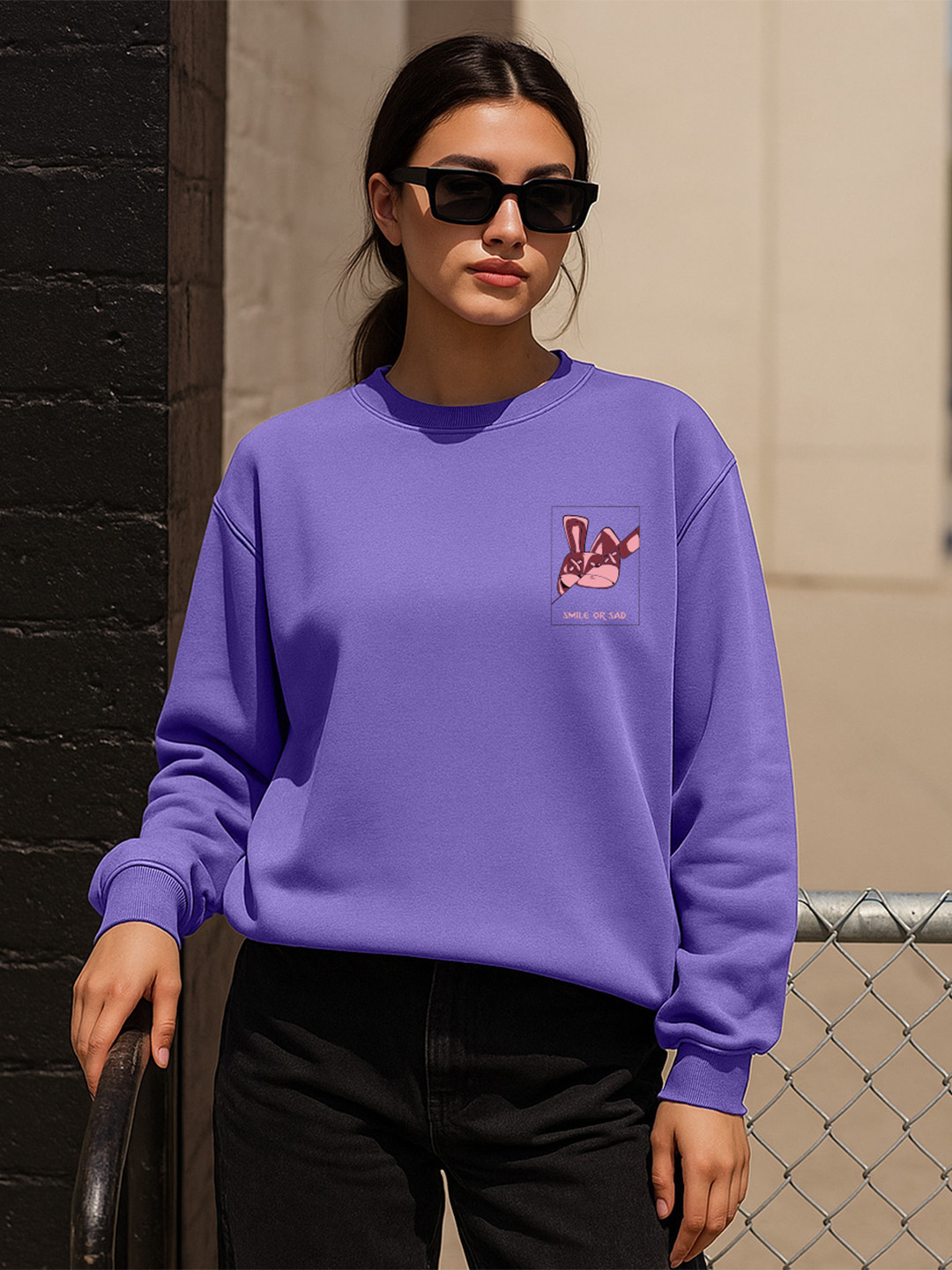 JUNEBERRY Women Purple Printed Cotton Fleece Crew Neck Pullover Oversized Sweatshirt