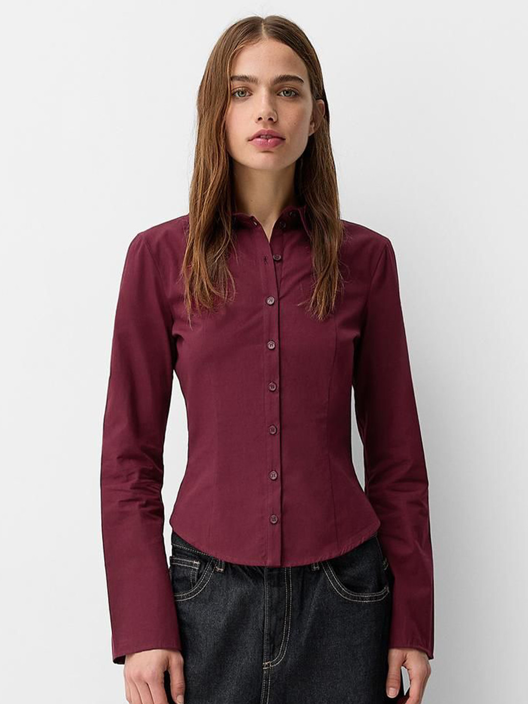 Bershka Pure Cotton Fitted Shirt With Flared Sleeves