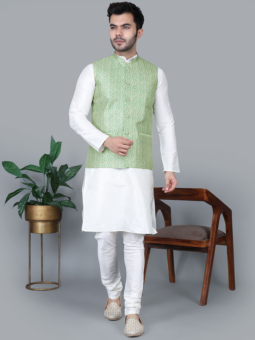 MAG Men Long Sleeve Straight Kurta & Churidar With Zig-Zag Waistcoat