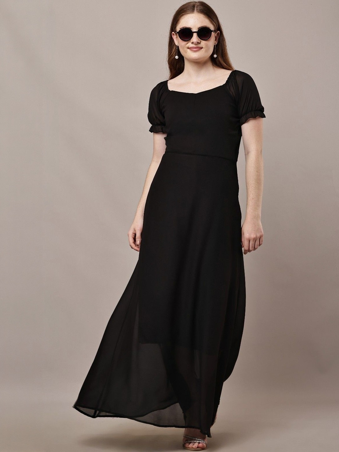 Bright Nex Women Puff Sleeves Georgette A-Line Maxi Dress