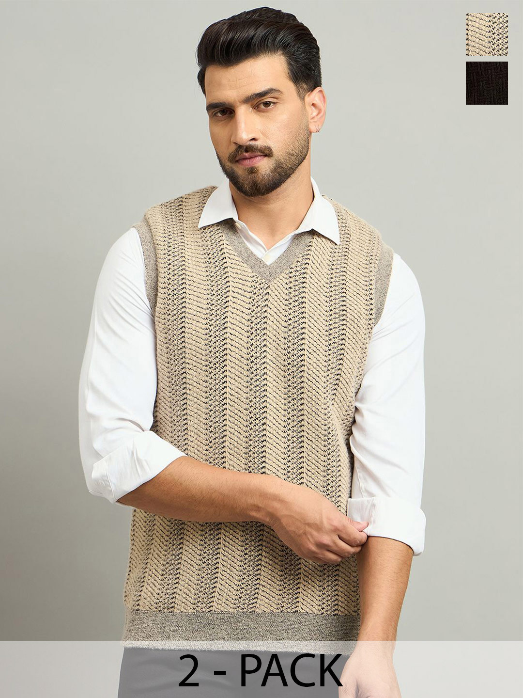 Duke Men Pack Of 2 Geometric Self Design V-Neck Sweater Vest