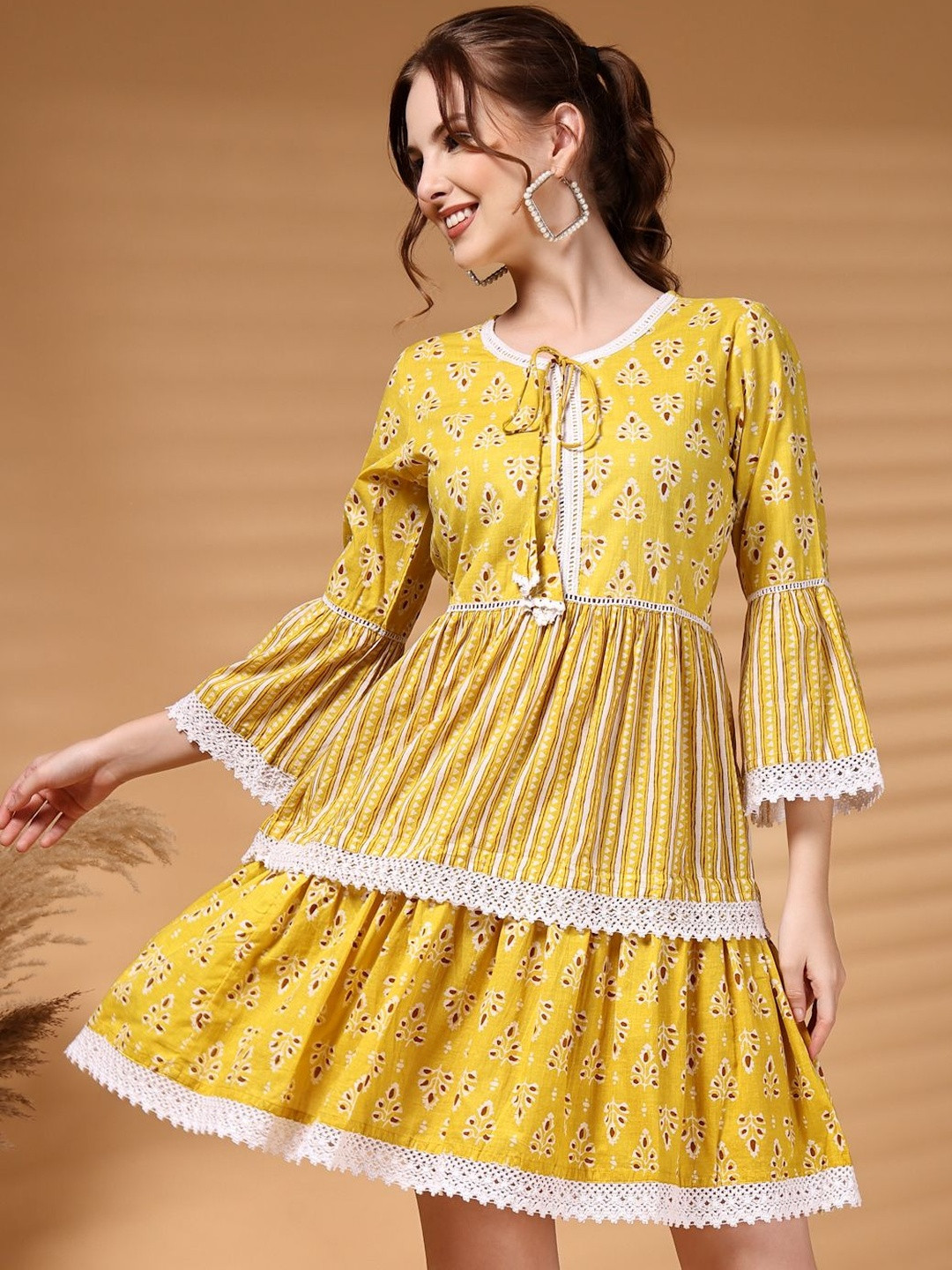 HERE&NOW Women Yellow Floral Printed Floral Anarkali Kurta