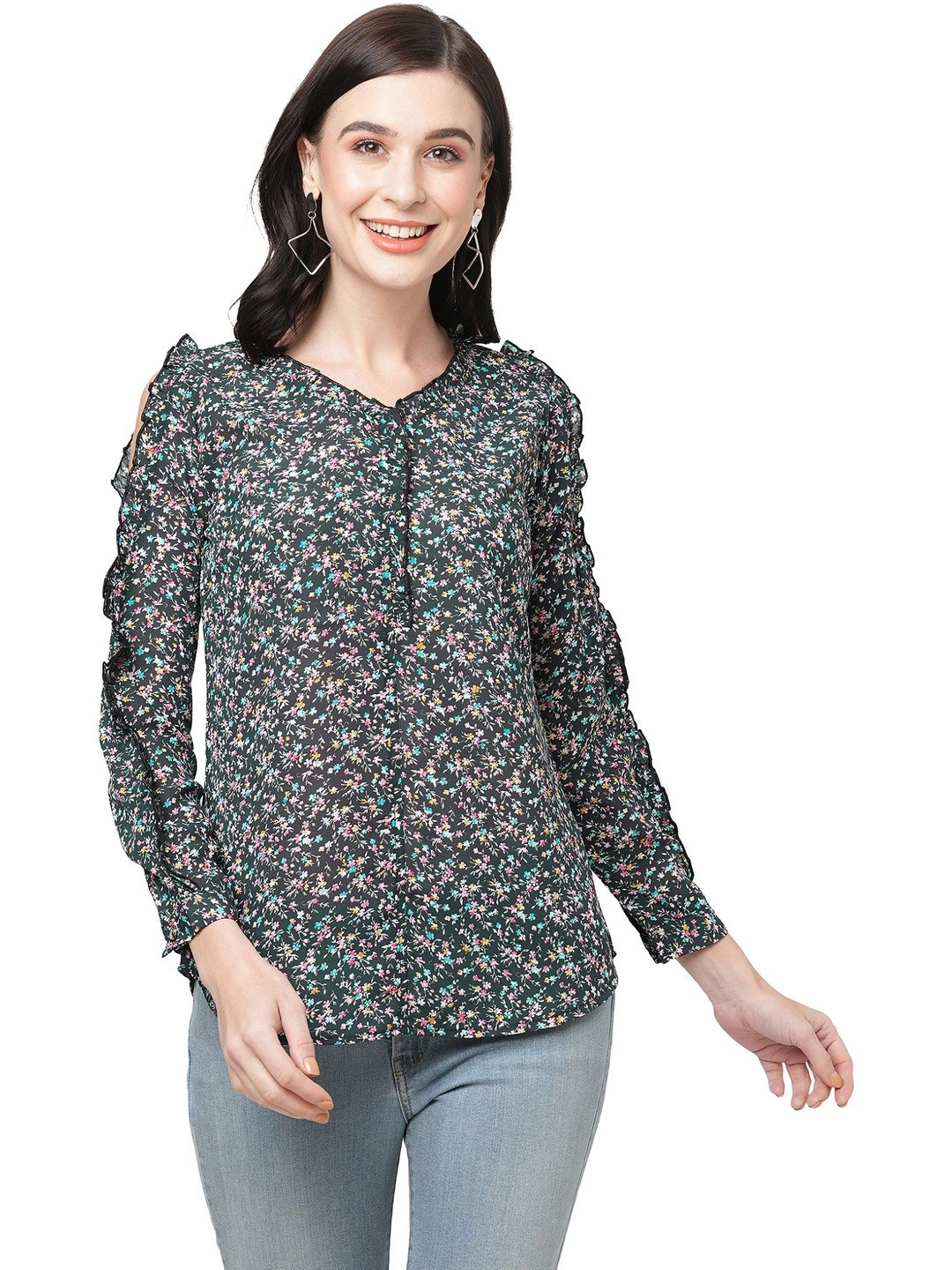 G0-4 IT Women Floral Printed Cold-Shoulder Ruffles Georgette Top