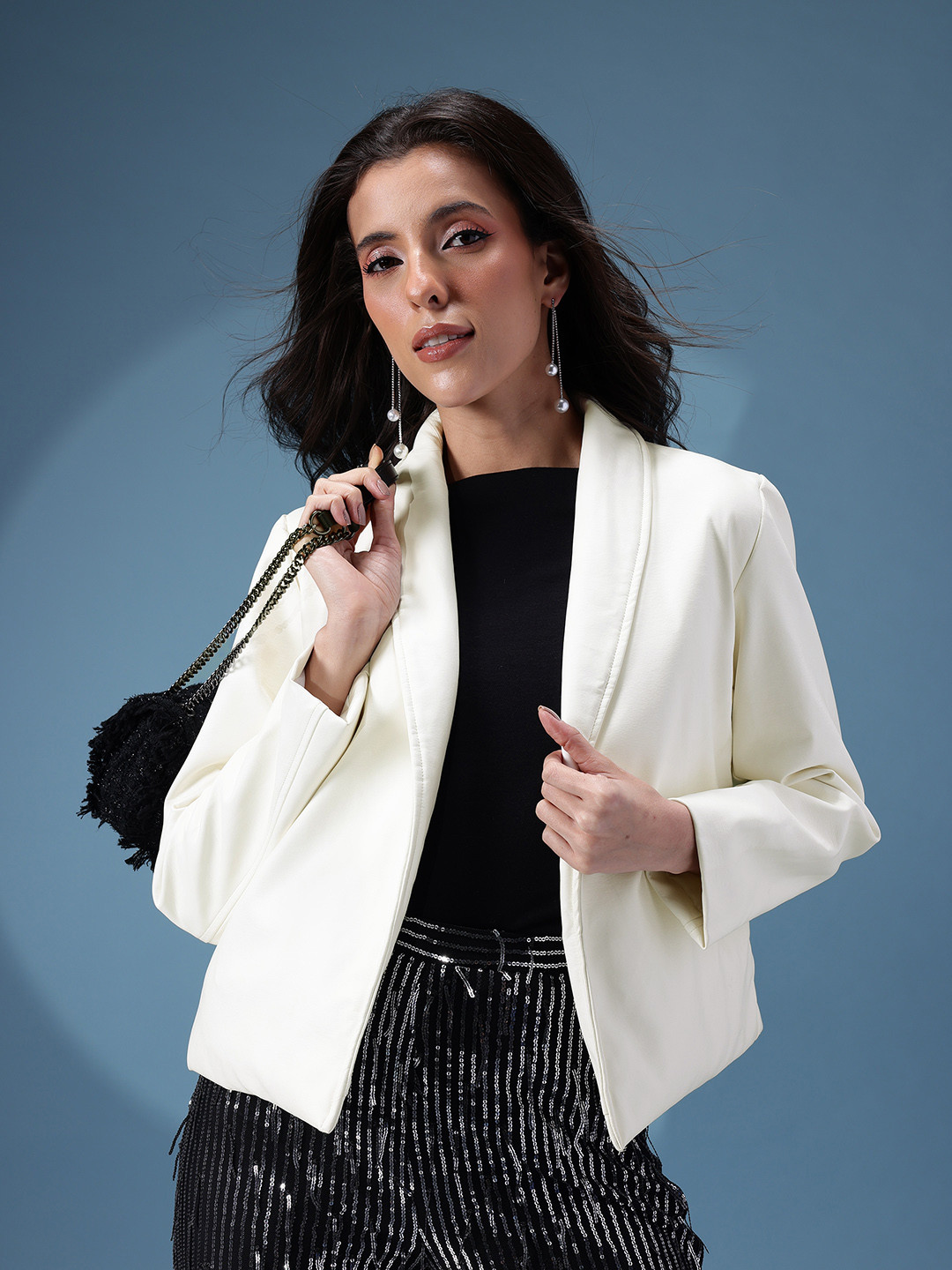 bebe Open Front Faux Leather Jacket