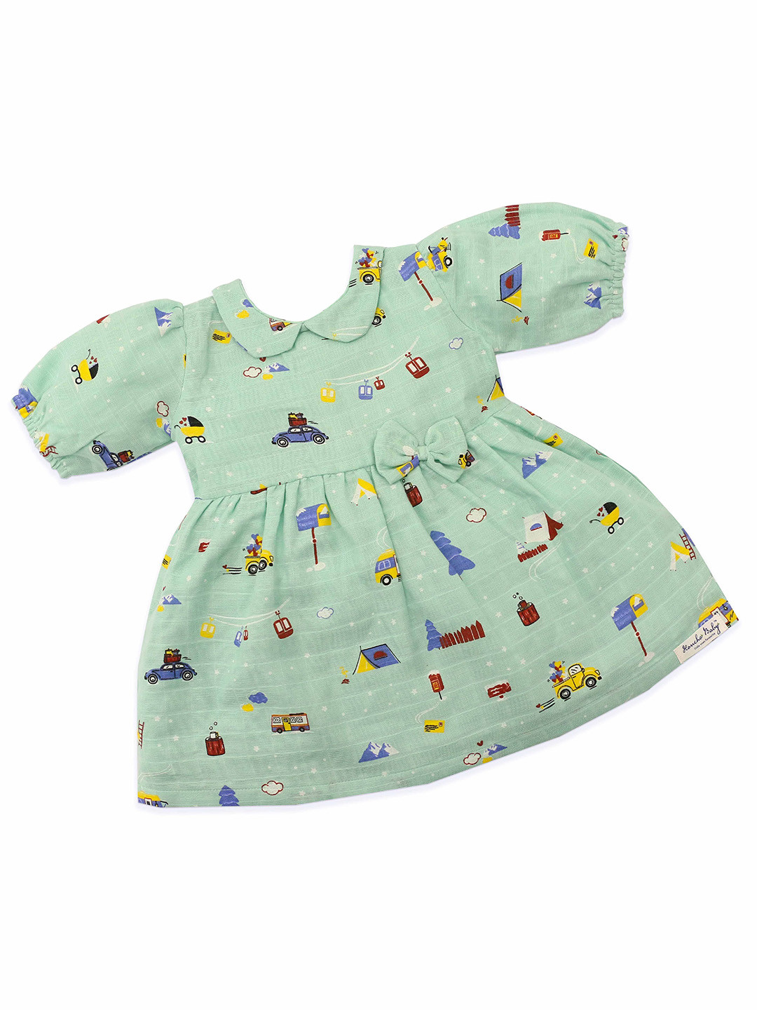 Honcho Baby Girls Printed Peter Pan Collar Puff Sleeve Organic Cotton Fit & Flare Dress