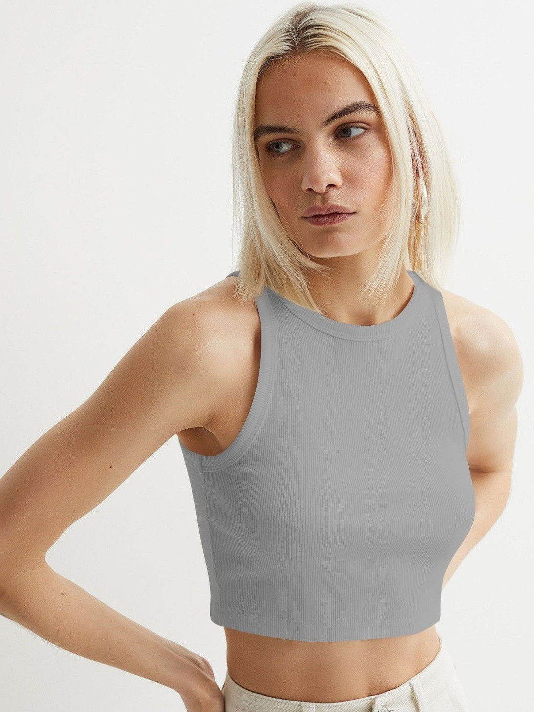 Moda Rapido Women Grey Block Print Tank Crop Top