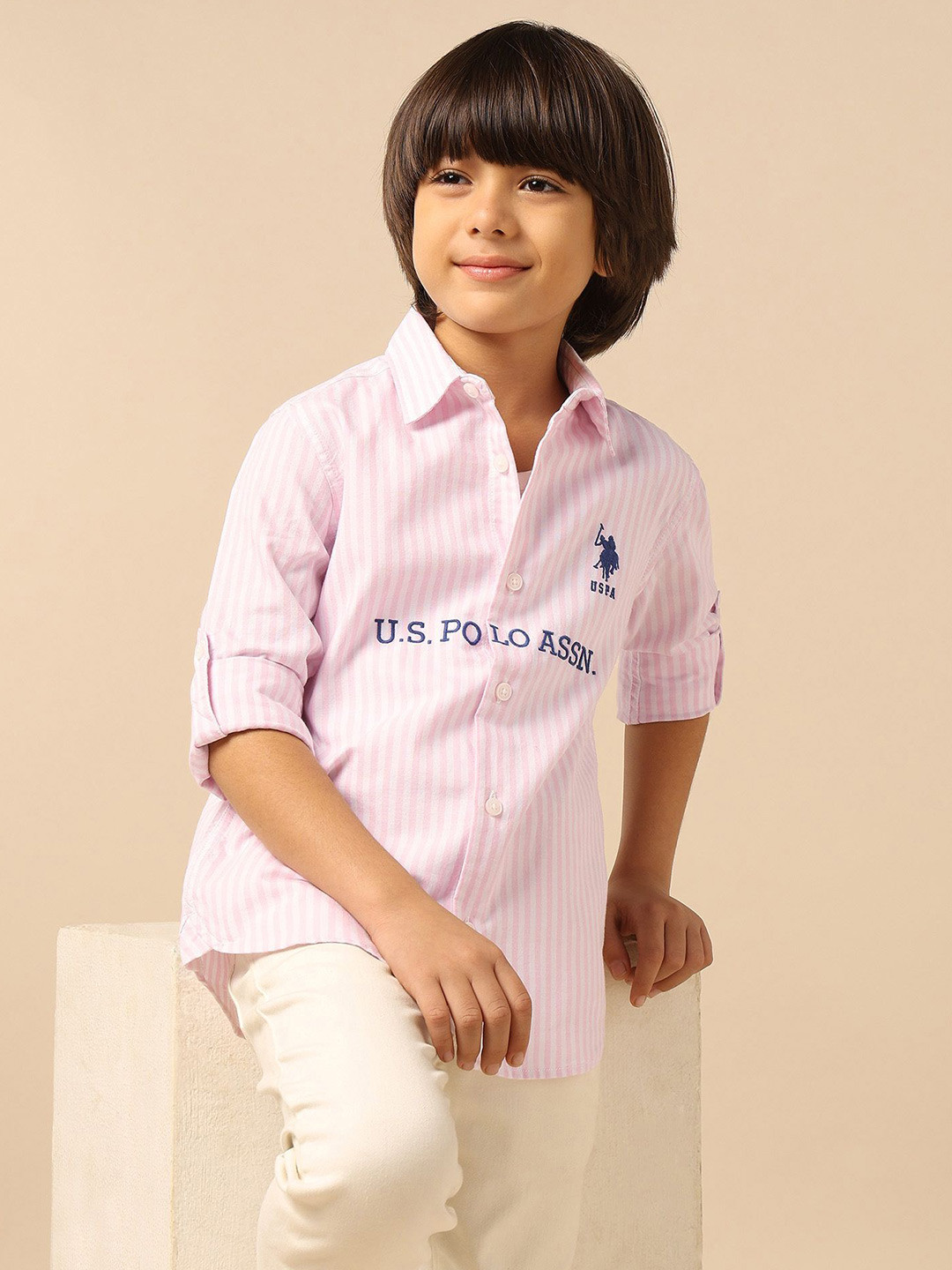 U.S. Polo Assn. Kids Boys Spread Collar Brand Logo Printed Pure Cotton Opaque Shirt