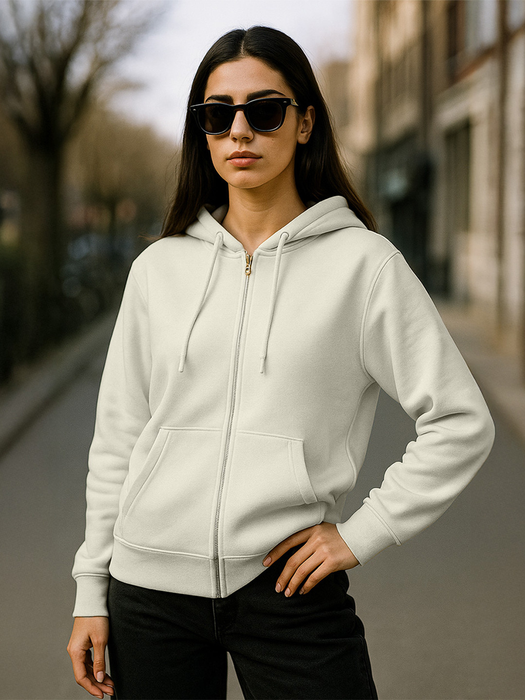 JUNEBERRY Women Off White Solid Cotton Fleece Regular Fit Hooded Bomber Jacket