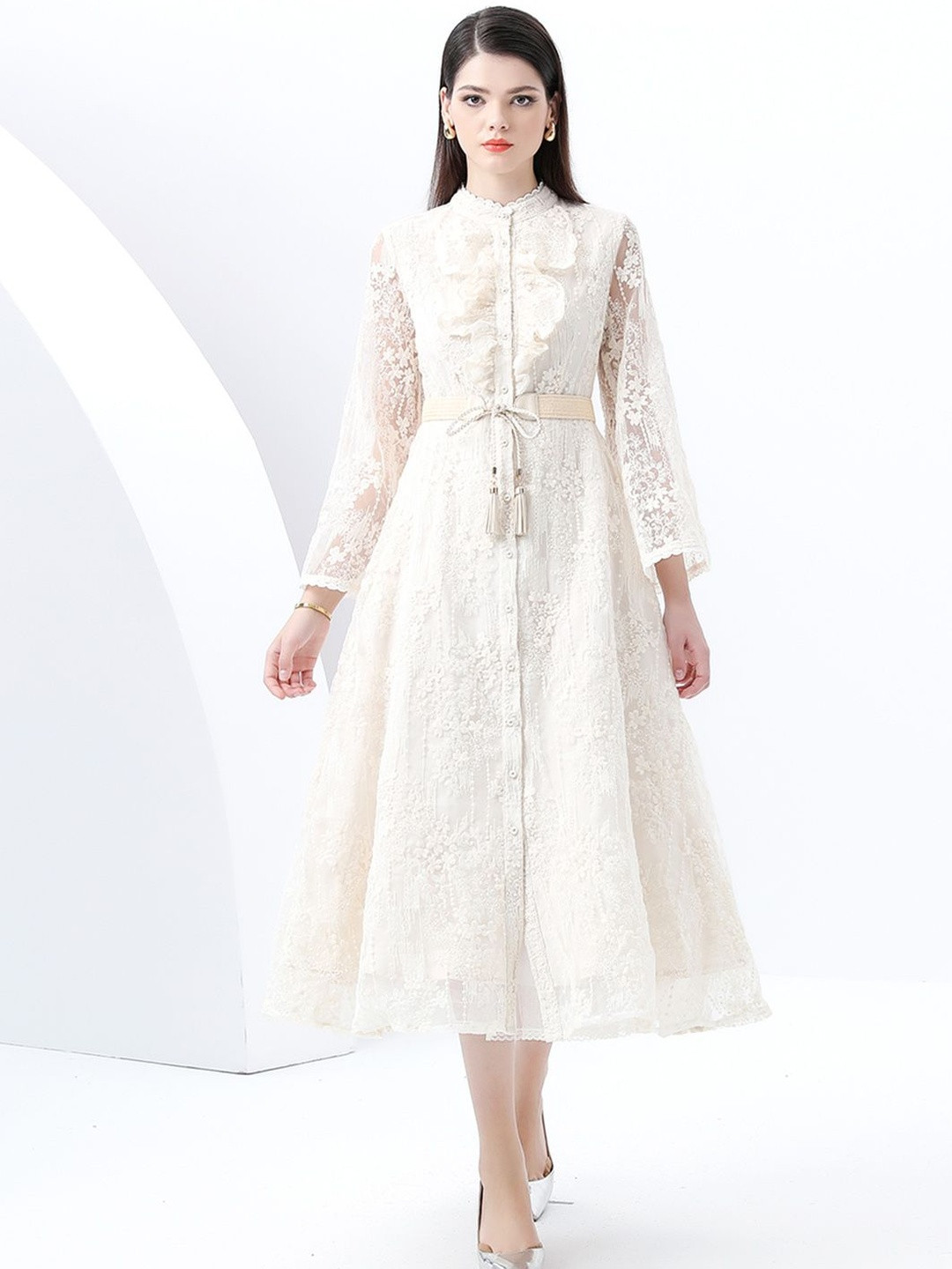 JC Collection Women Self Design Embroidered Lace Insert A-Line Midi Dress